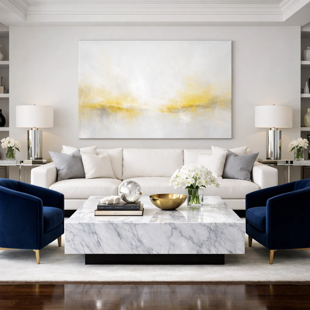 A professionally cleaned living room with navy accents symbolizing the mental clarity from house cleaning services.