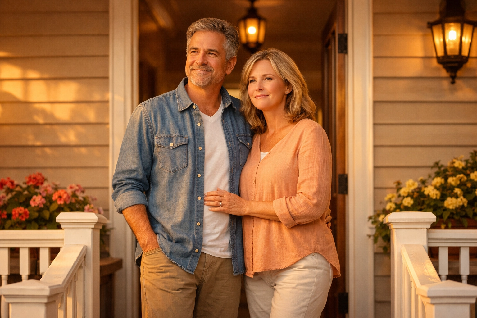 Confident empty nest couple ready to downsize standing at their South Jersey home doorway