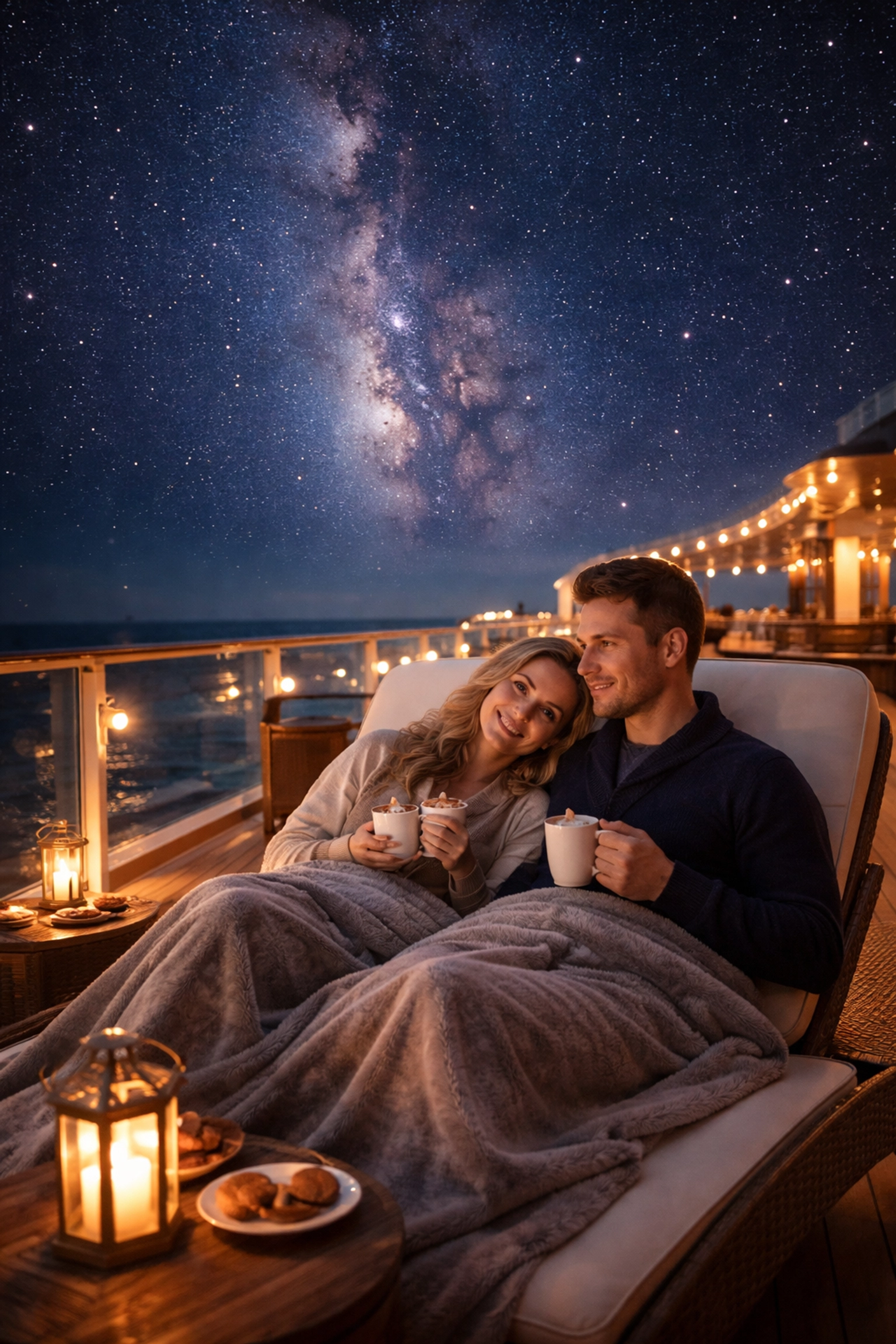 Couple stargazing under the Milky Way from a cruise ship deck at night during a stargazing cruise.