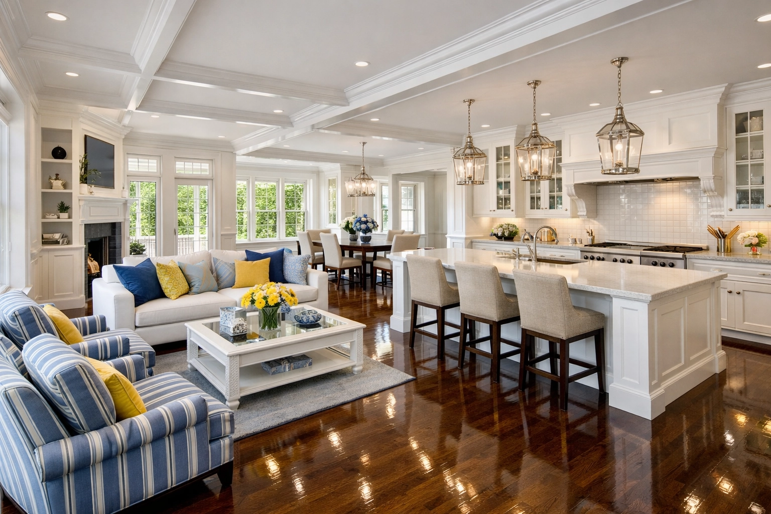 Sun-filled Ashby MA living room with gleaming hardwood floors after a professional house cleaning.