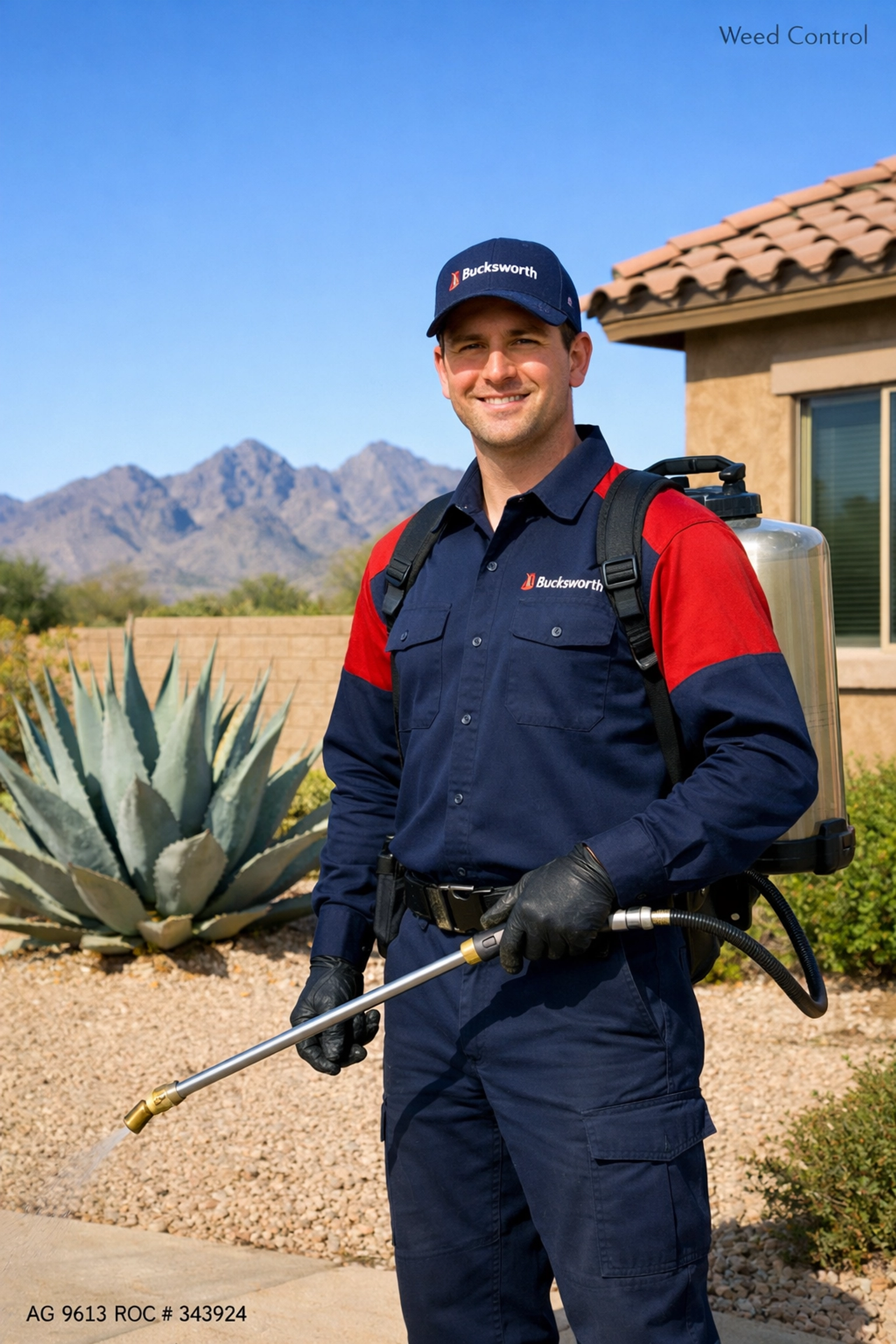 Bucksworth technician applying pre-emergent weed control to a desert landscape in Estrella Mountain, Goodyear, AZ.