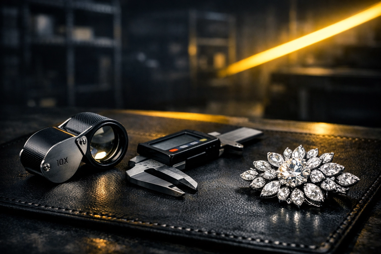 Jeweler tools and a diamond brooch representing trusted jewelry appraisals and safe estate jewelry auction services in Columbus, Ohio.