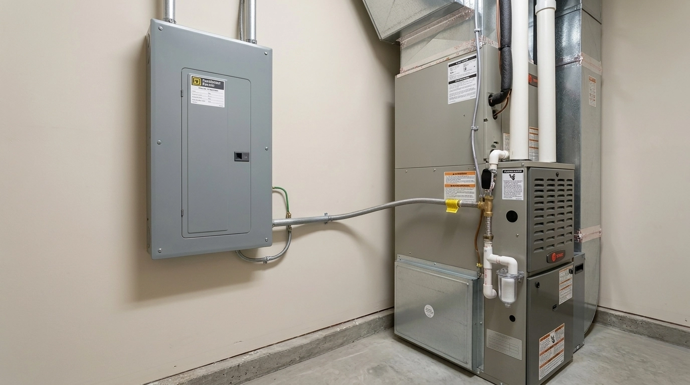 High-quality professional photograph of a clean residential electrical panel and furnace system in a modern mechanical room.