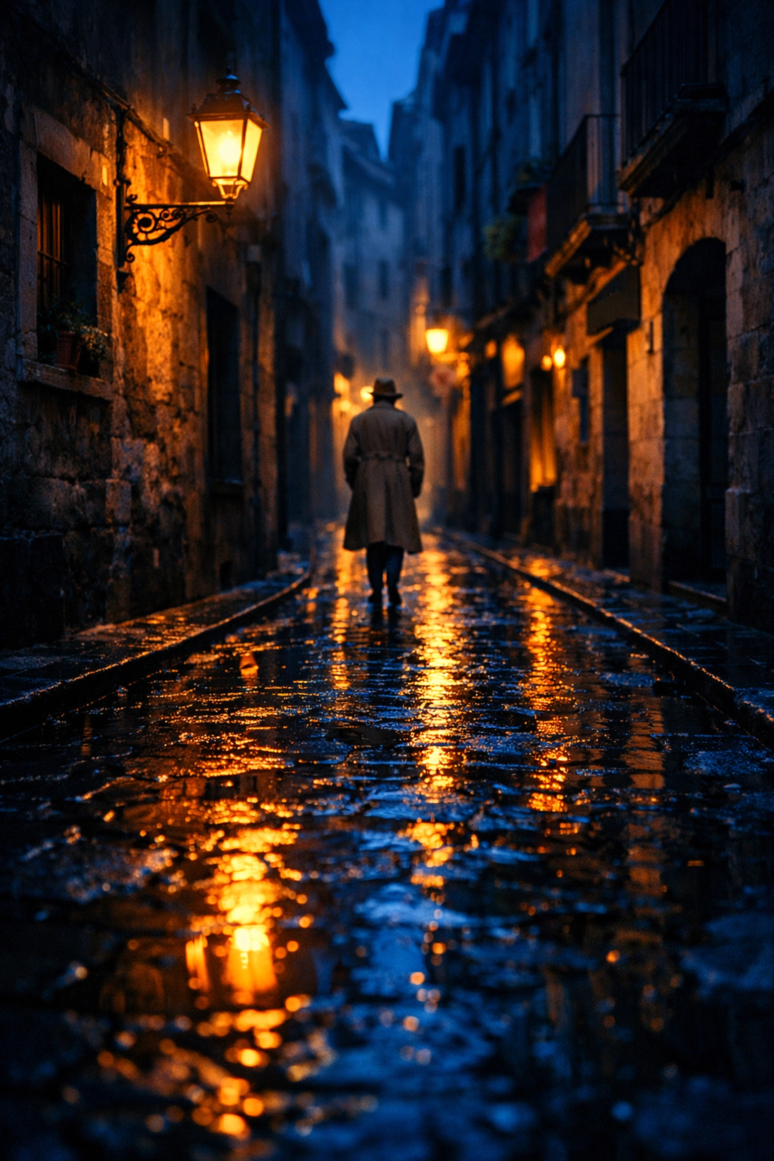 Cinematic blue hour street scene, illustrating how to find the best places to take pictures while traveling.