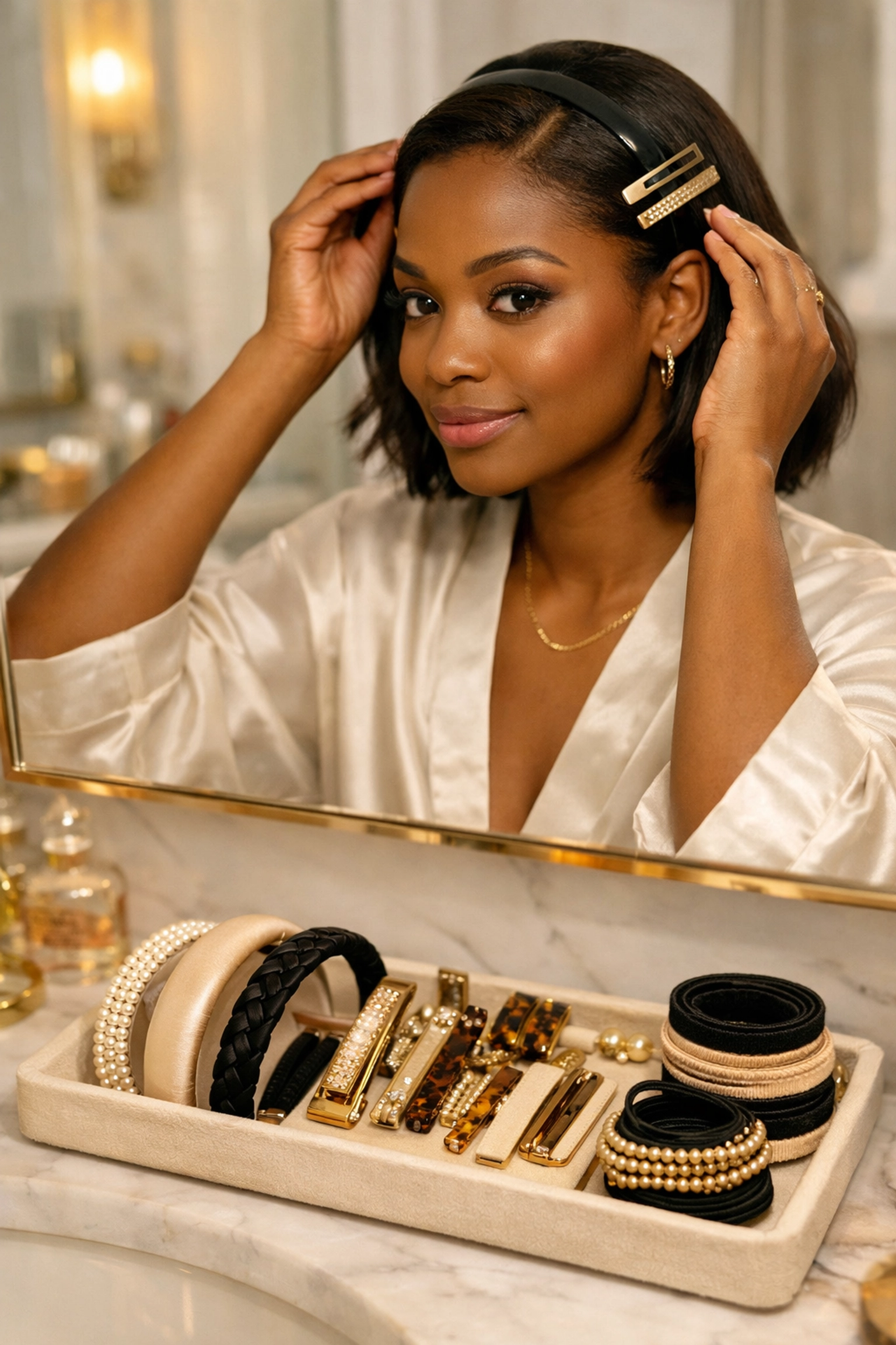 A Black woman styling hair accessories at a vanity to showcase Buyblack beauty choices.