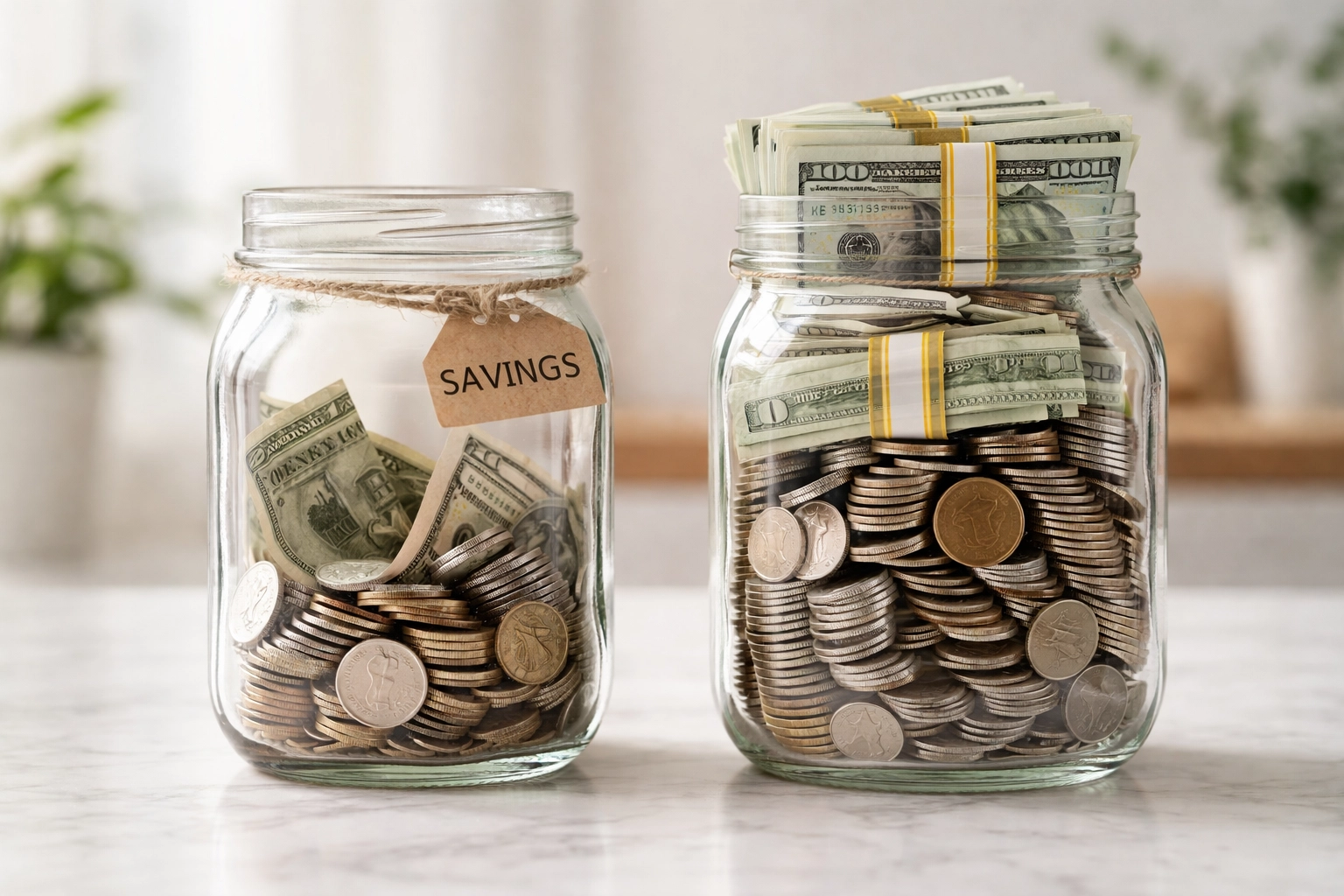 Two glass jars comparing limited and abundant cash, illustrating money saved with outsourced therapy billing solutions