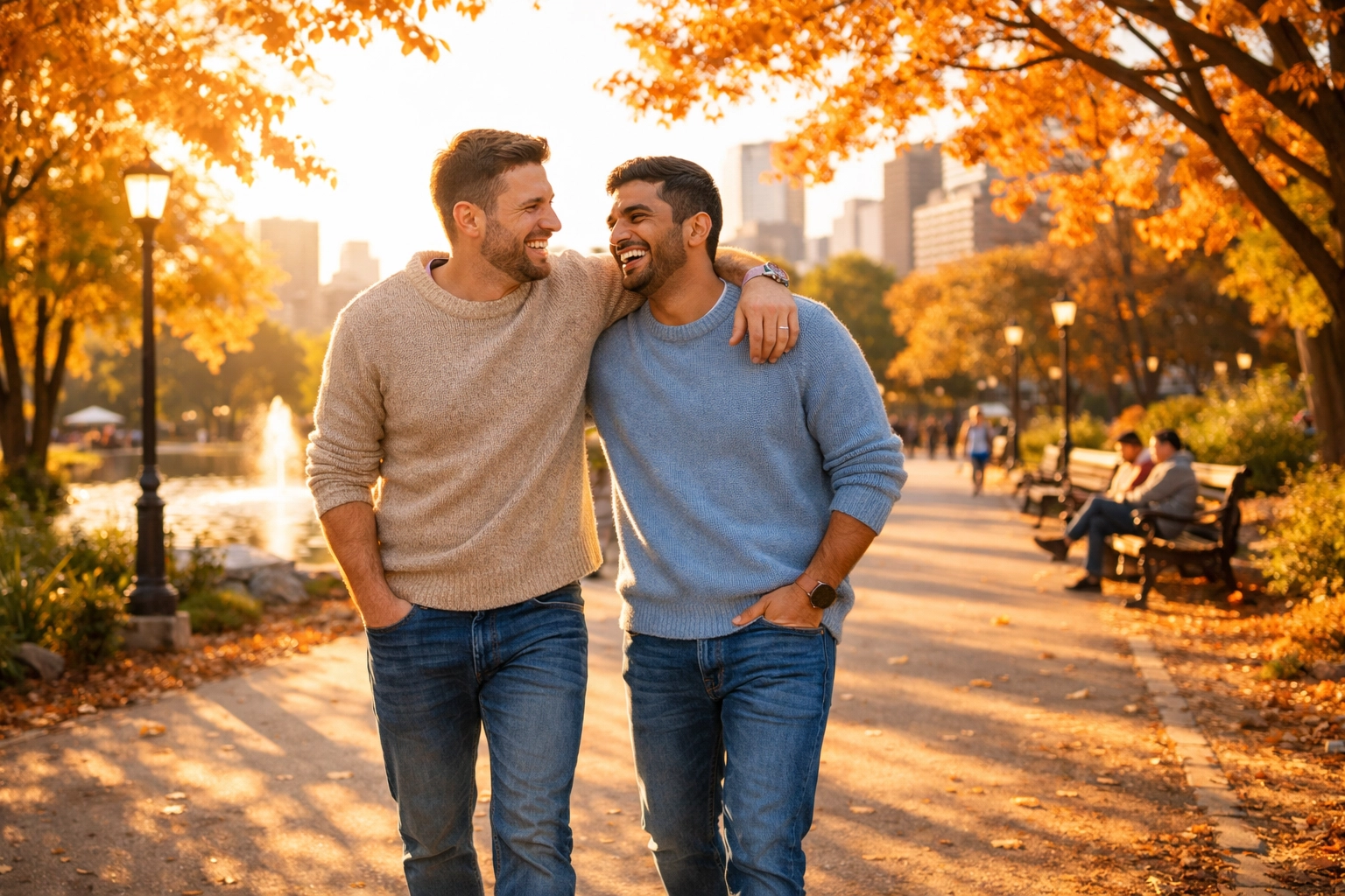 A gay couple on a park date, showing life outside the hospital for characters in popular MM romance books.