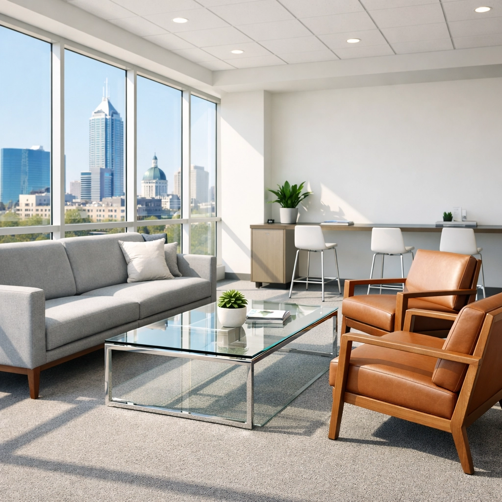 Spotless Indianapolis corporate lounge with vacuumed industrial carpets and dust-free surfaces.