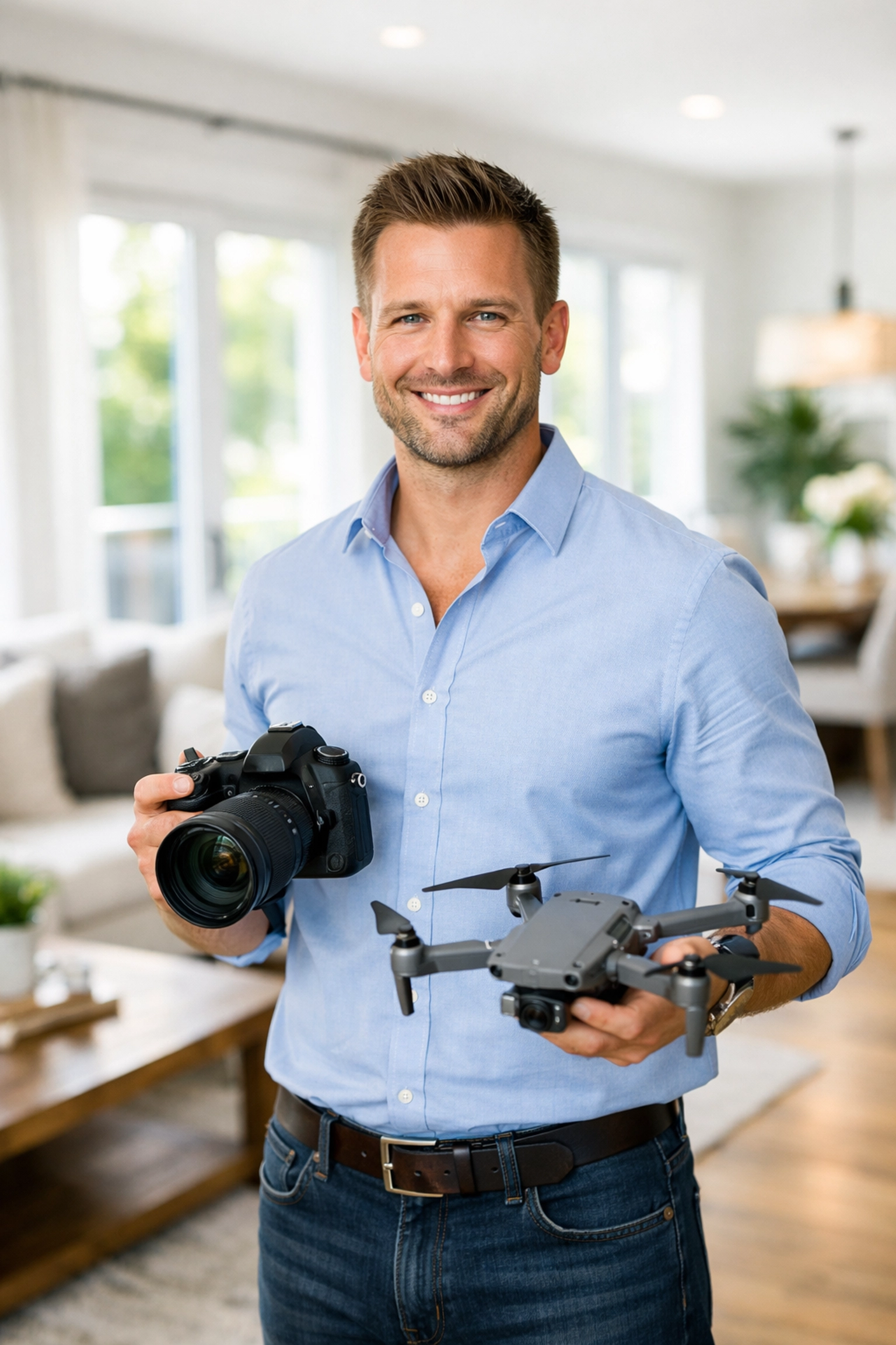 Real estate photographer in Saskatoon with camera and drone ready for property shoot