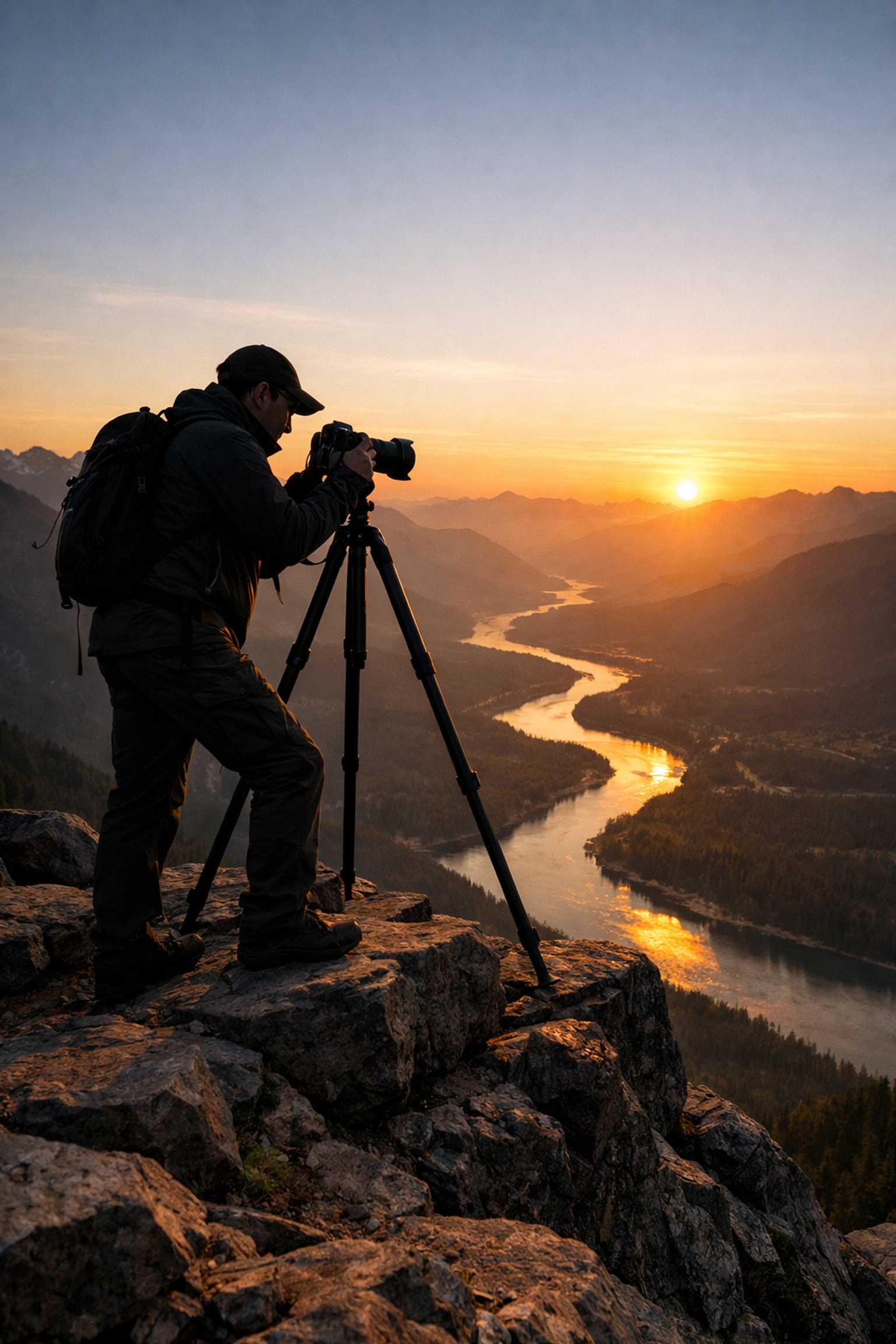 Photographer using a tripod on a mountain ledge during golden hour landscape photography.