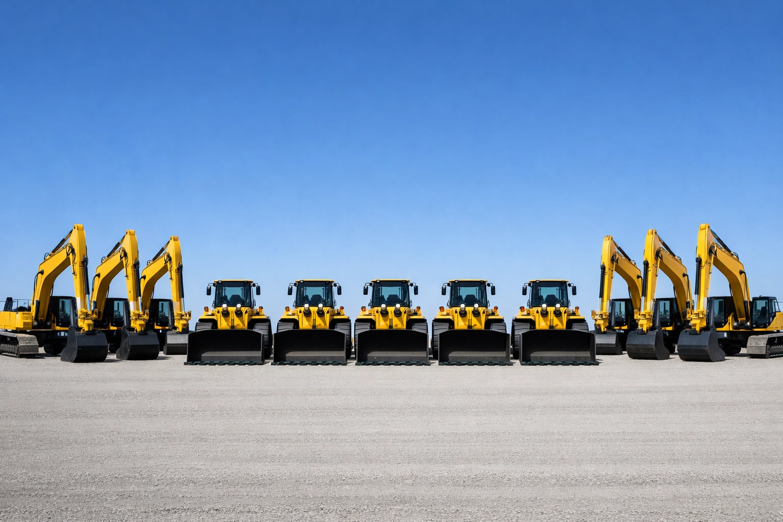 Organized heavy construction machinery ensuring efficient resource allocation and project logistics.