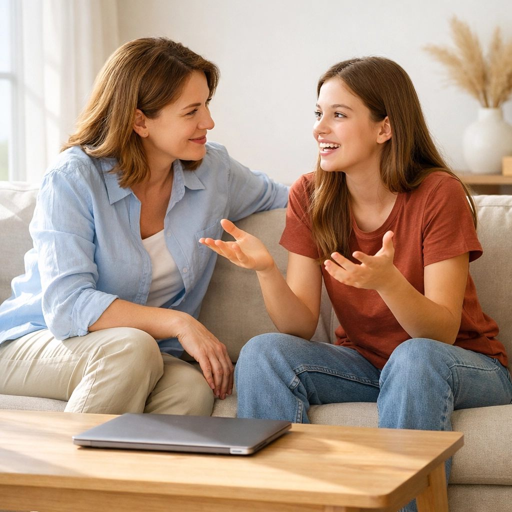 A supportive parent and teen talking together to build real human connection and mental wellness.