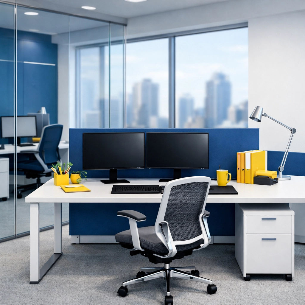 Pristine office cleaning Worcester results in a modern, organized workspace with glass partitions.