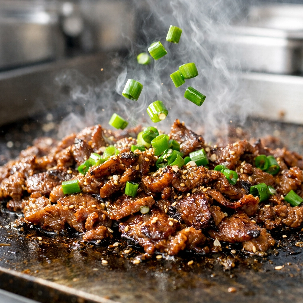 Fresh Bulgogi beef searing on a flat-top grill for a Milwaukee food truck catering event.