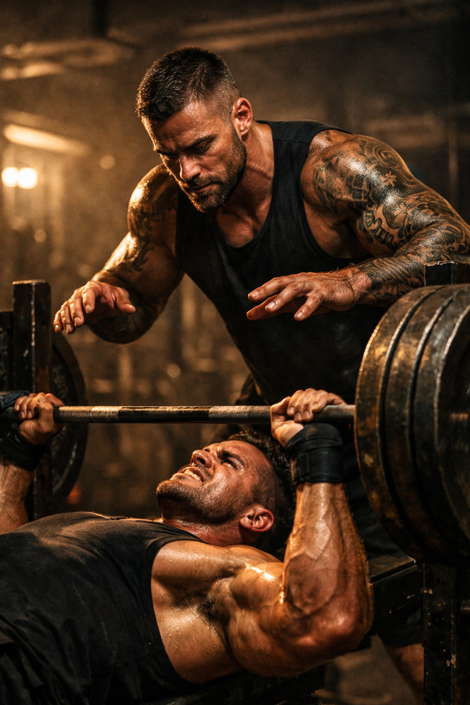 Two muscular men sharing a tense moment as gym buddies while bench pressing in a steamy MM romance setting.