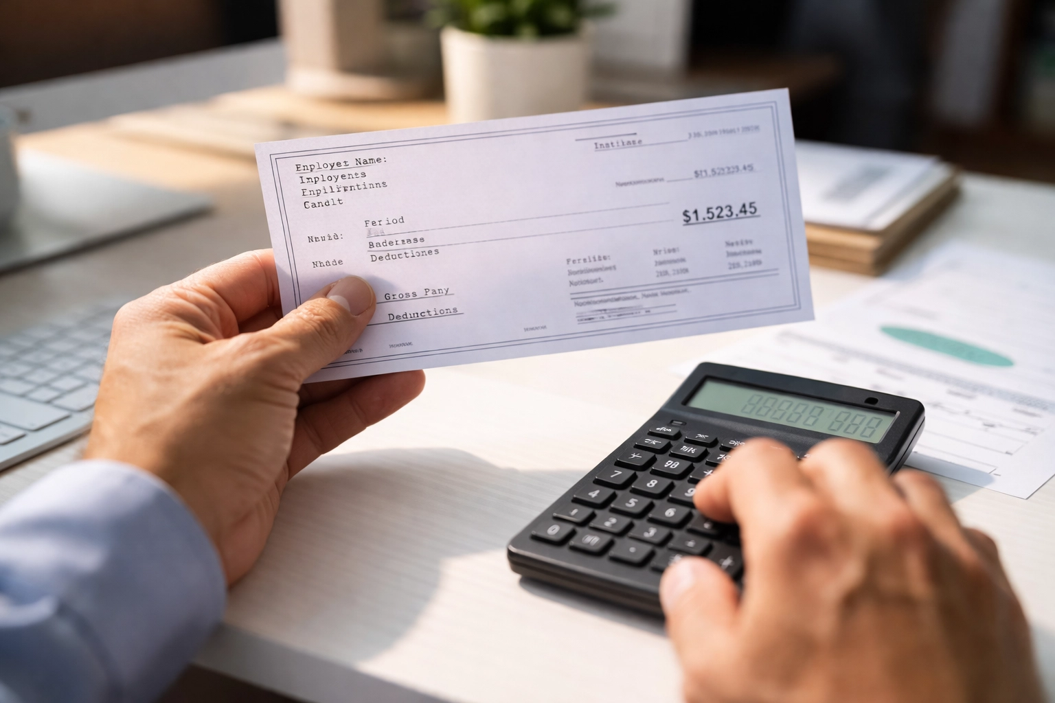 Small business owner reviewing S corporation payroll with paycheck and calculator at modern desk