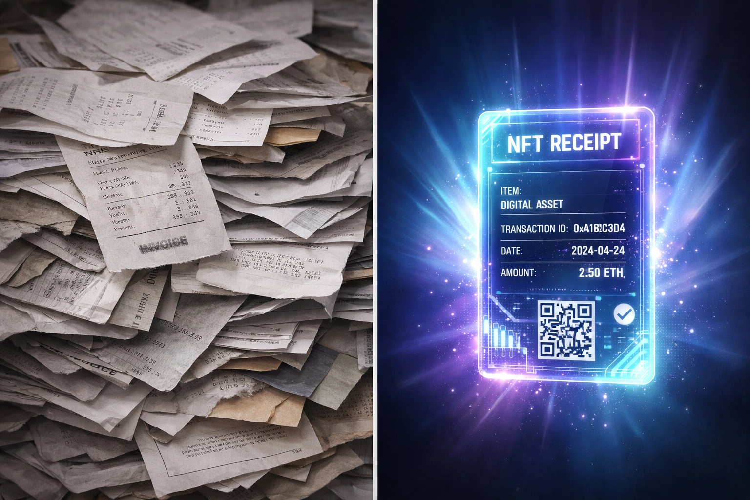 Traditional paper receipts compared to blockchain NFT receipt for merchant transactions