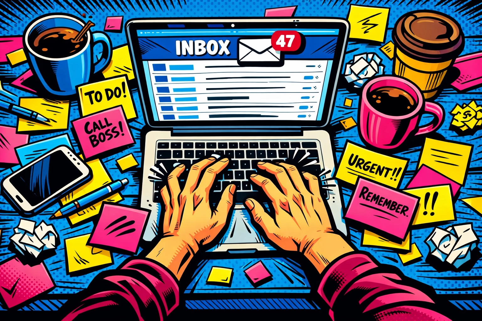 Overwhelmed business owner with cluttered desk and overflowing email inbox full of admin tasks