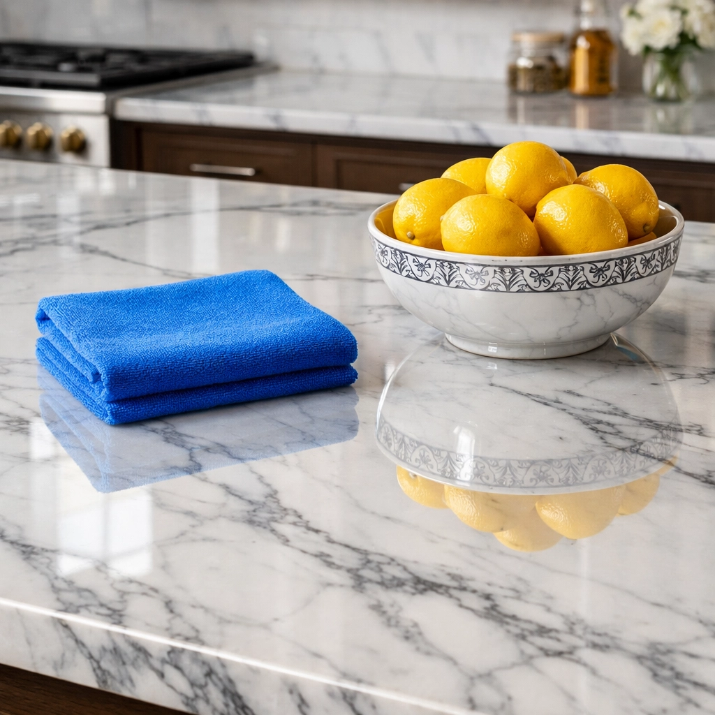 Spotless marble kitchen island illustrating professional house cleaning in Westford and Bedford.
