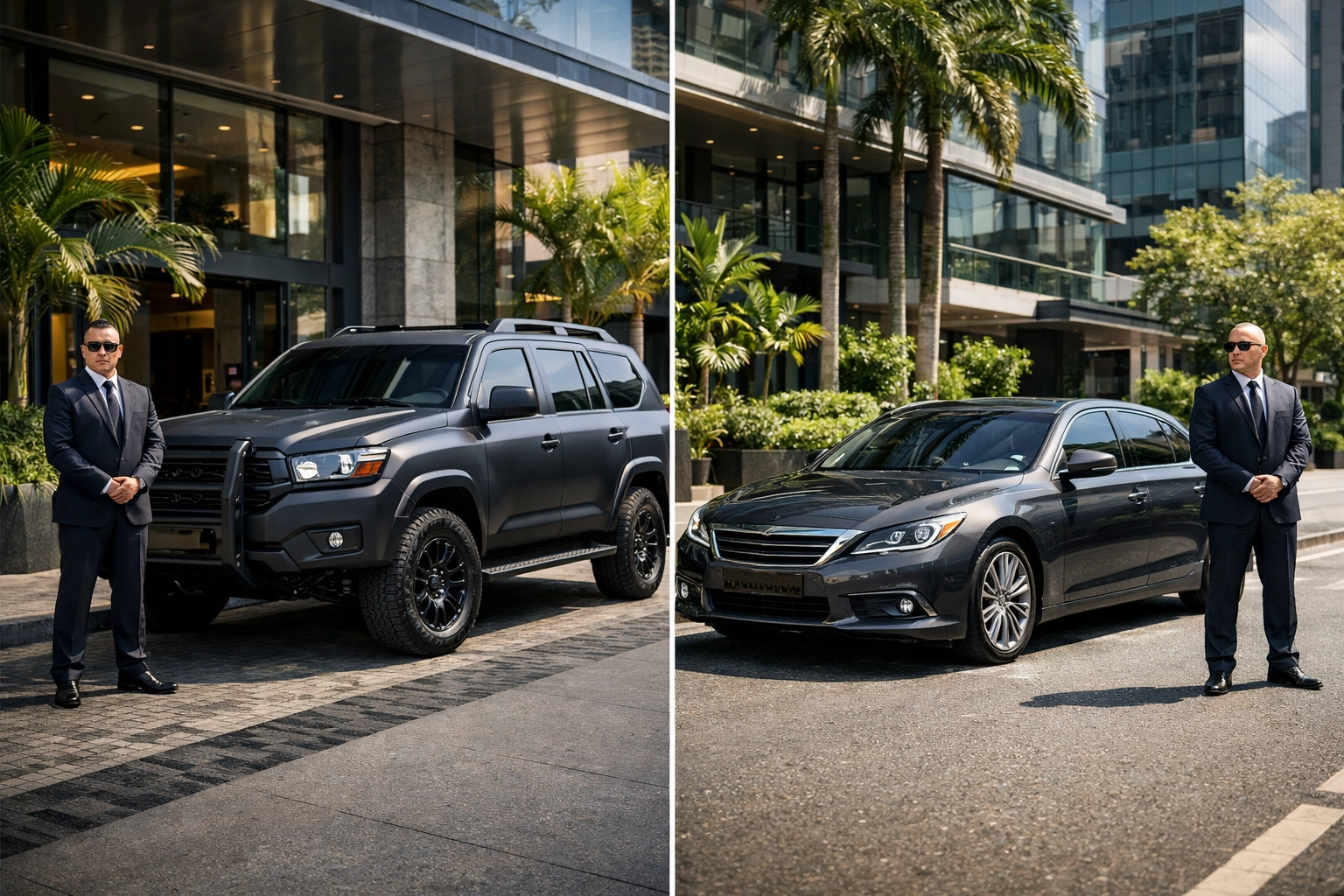 Armored bulletproof SUV and low-profile executive sedan with security drivers for private protection in Medellin.