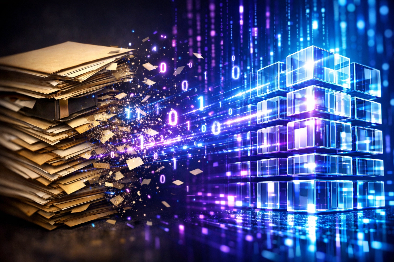 Digitale Transformation: Analoge Aktenordner verwandeln sich durch KI-Automatisierung in strukturierte Daten.