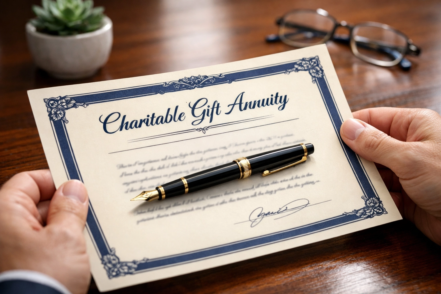 Charitable gift annuity document with pen showing CGA planned giving option