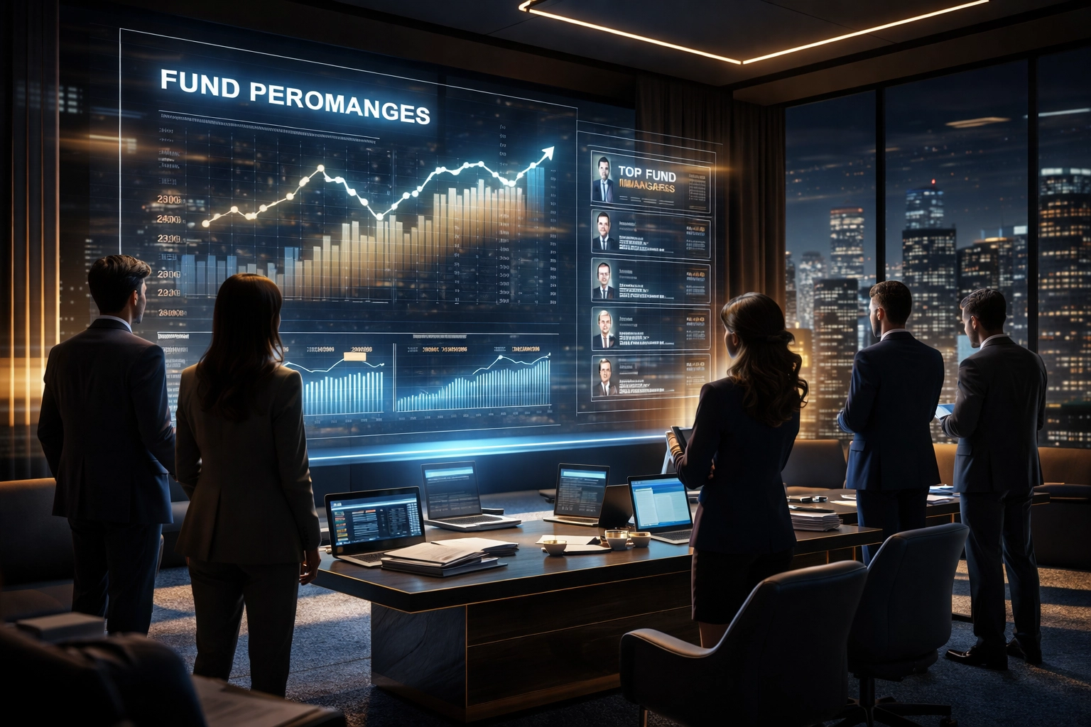 Investment professionals analyze fund performance data in a modern private equity strategy room at night