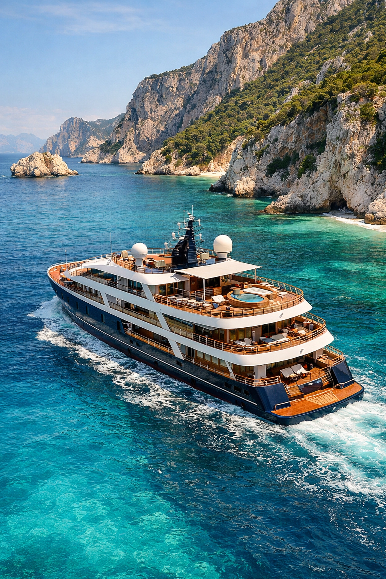 Small luxury cruise ship sailing turquoise Mediterranean waters near dramatic coastal cliffs