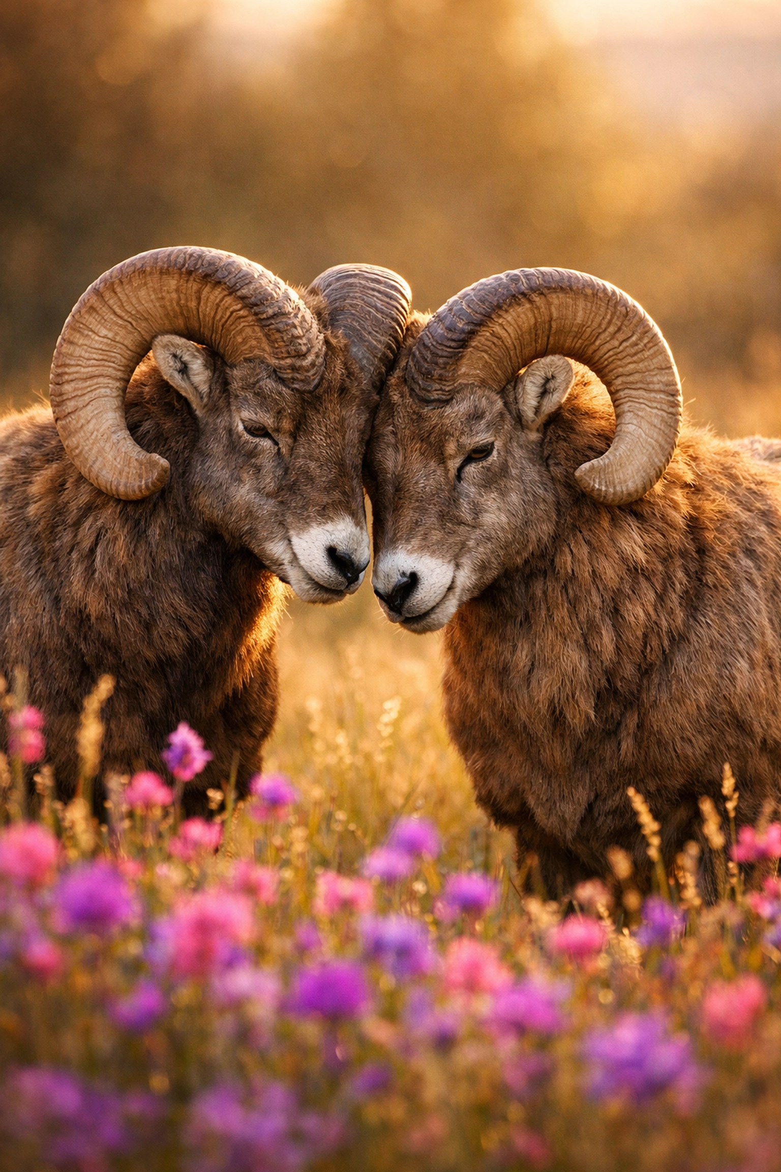 Two male rams showing affection in a meadow, a natural example of same-sex attraction in animals.