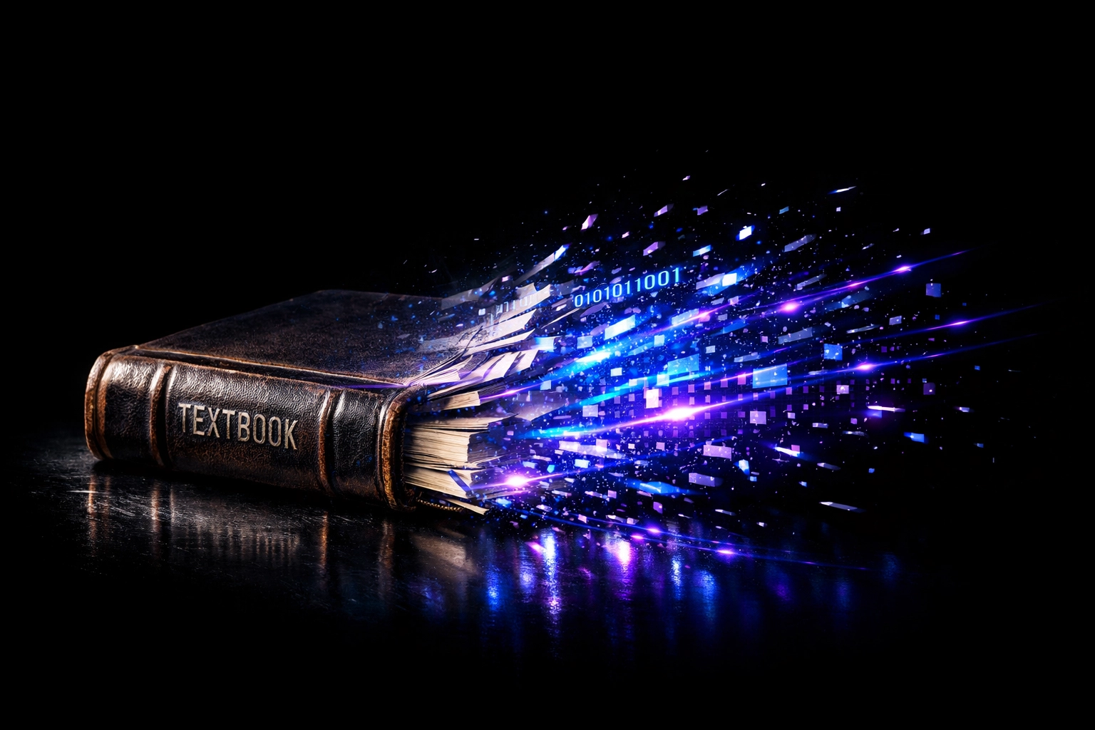 Traditional textbook turning into digital data representing the shift to AI automation skills.