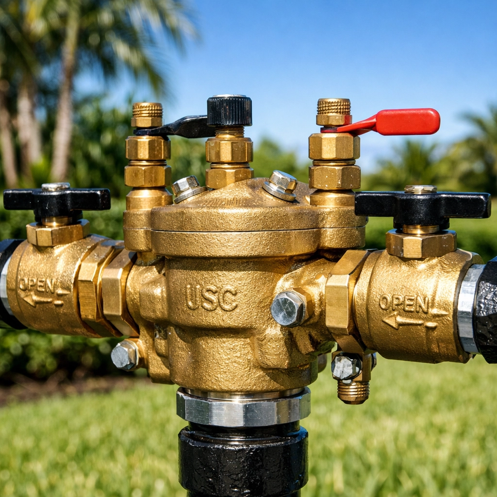Close-up of a brass backflow preventer assembly in a Florida yard, ready for annual certification testing.