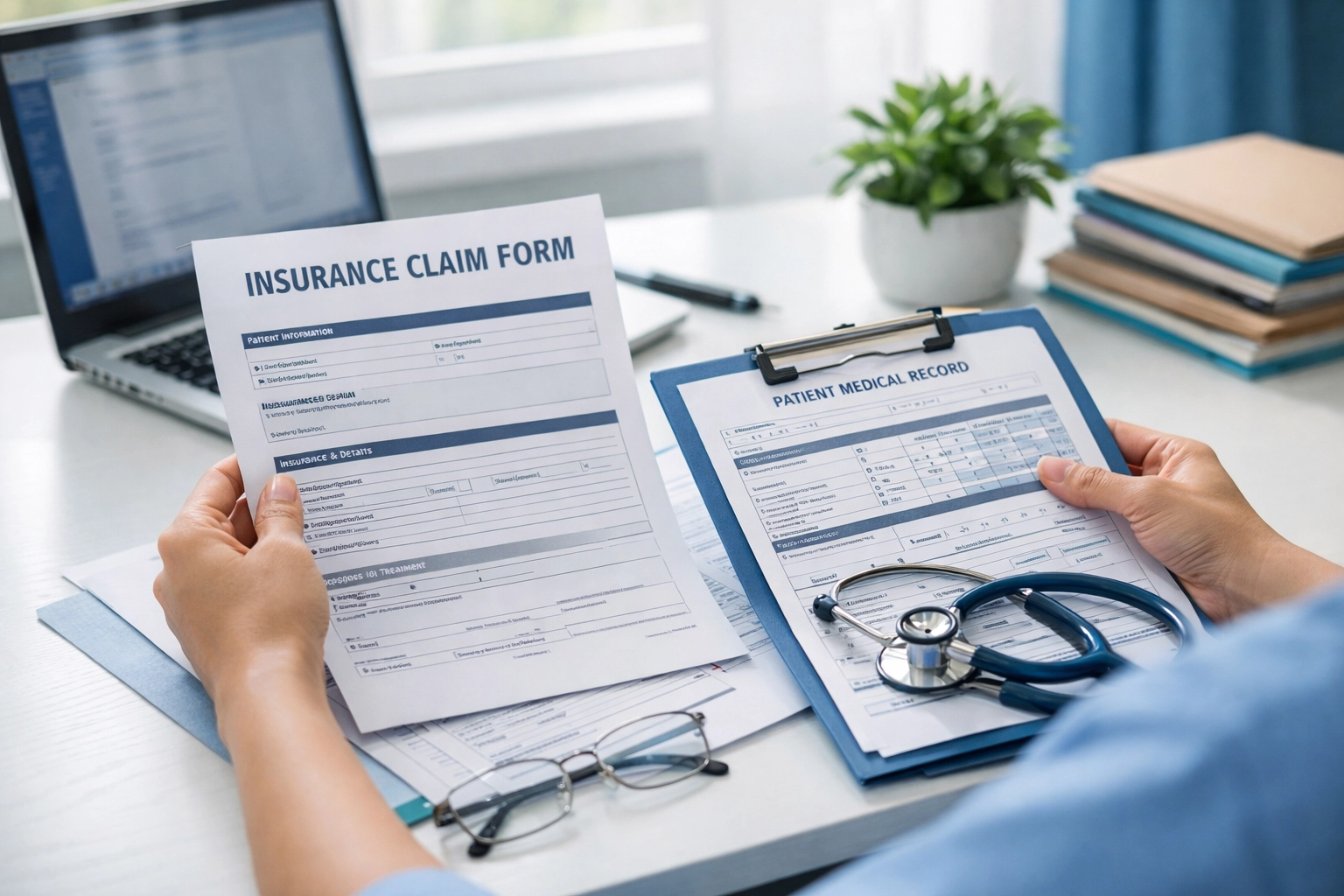 Dietitian reviewing insurance paperwork to provide affordable nutrition therapy coverage