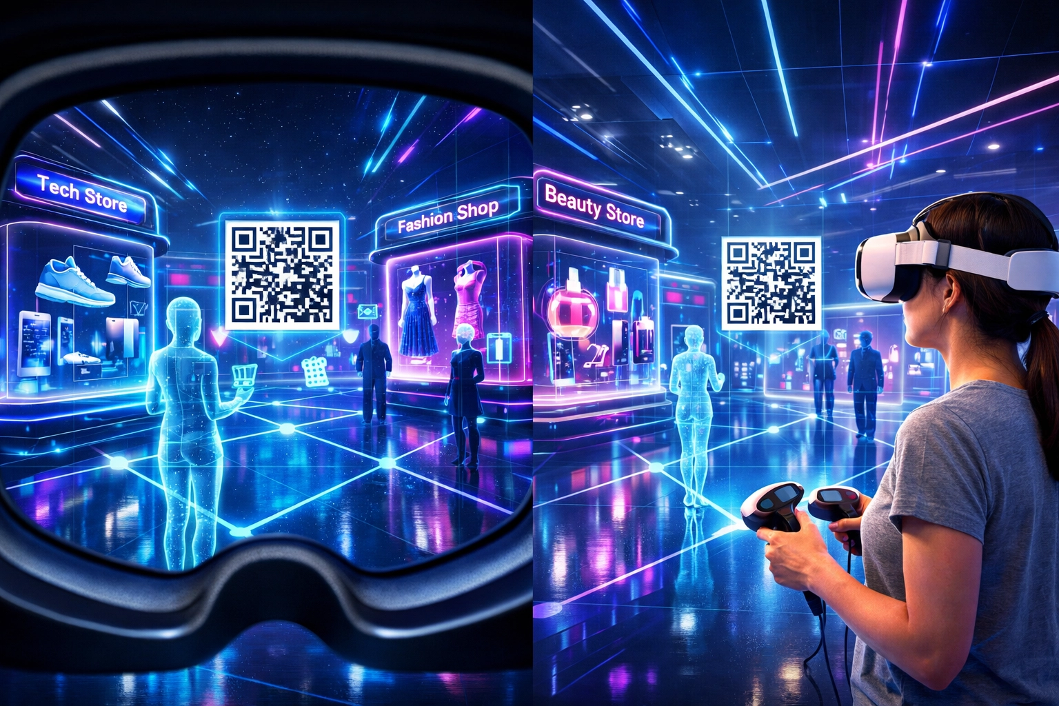 VR metaverse shopping environment with holographic storefronts and digital avatars browsing products