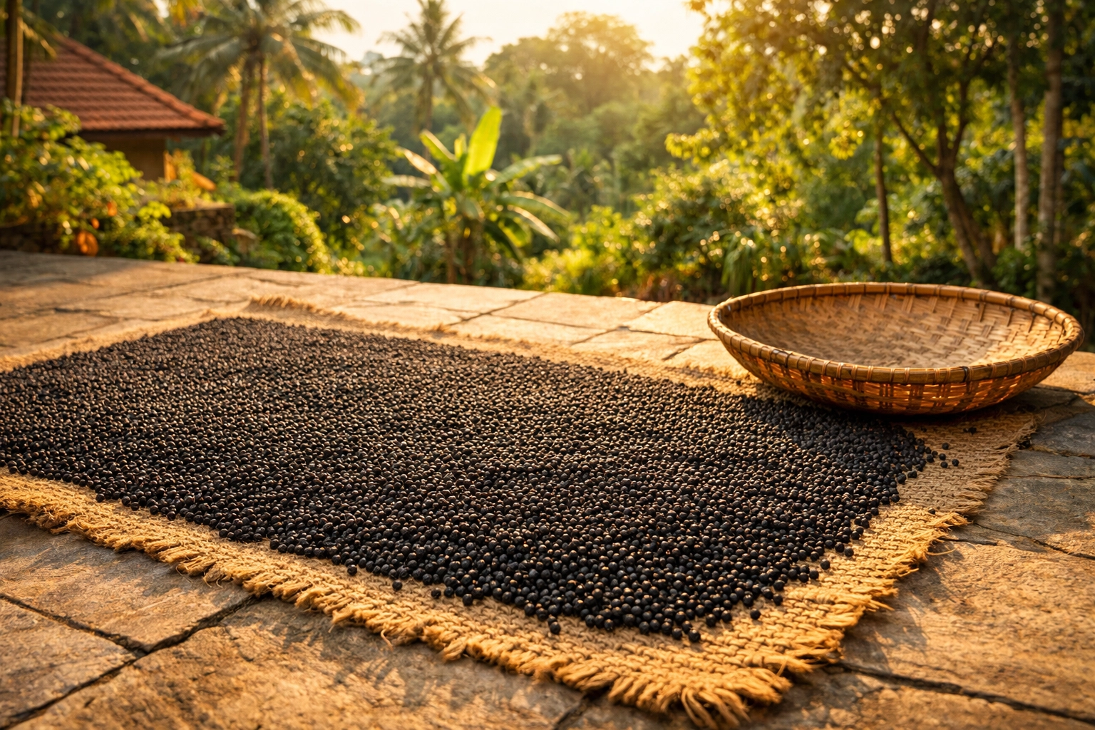 Sun-drying authentic Kerala spices in the Malabar sun for high-quality black pepper production.
