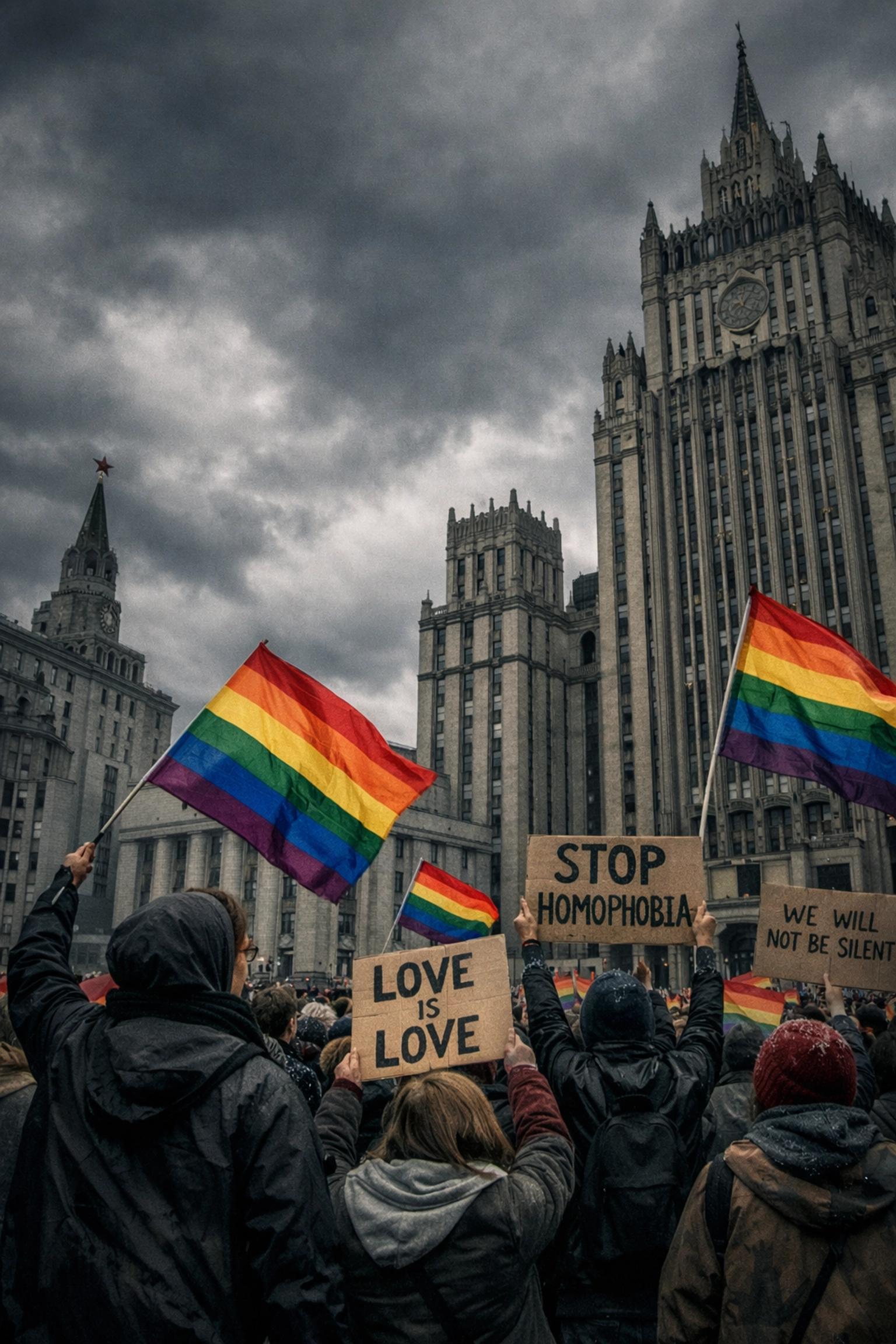 LGBTQ+ activists with rainbow flags protesting in Moscow during Eurovision 2009