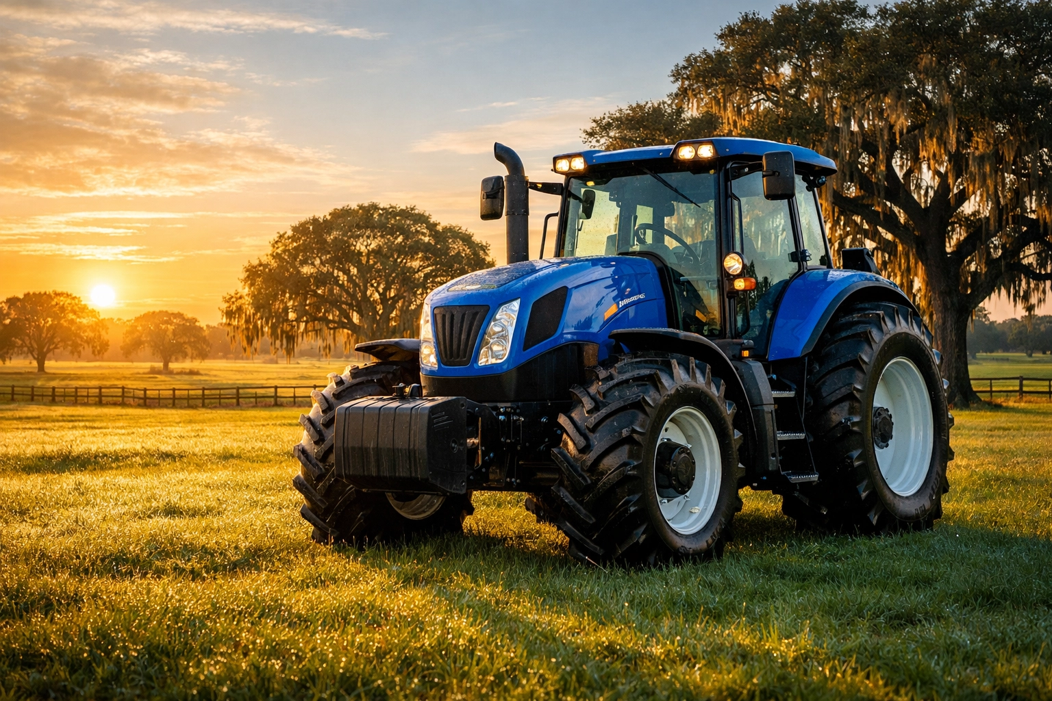 Blue utility tractor on a lush Ocala ranch at sunrise, representing smart farm equipment investments in Florida.