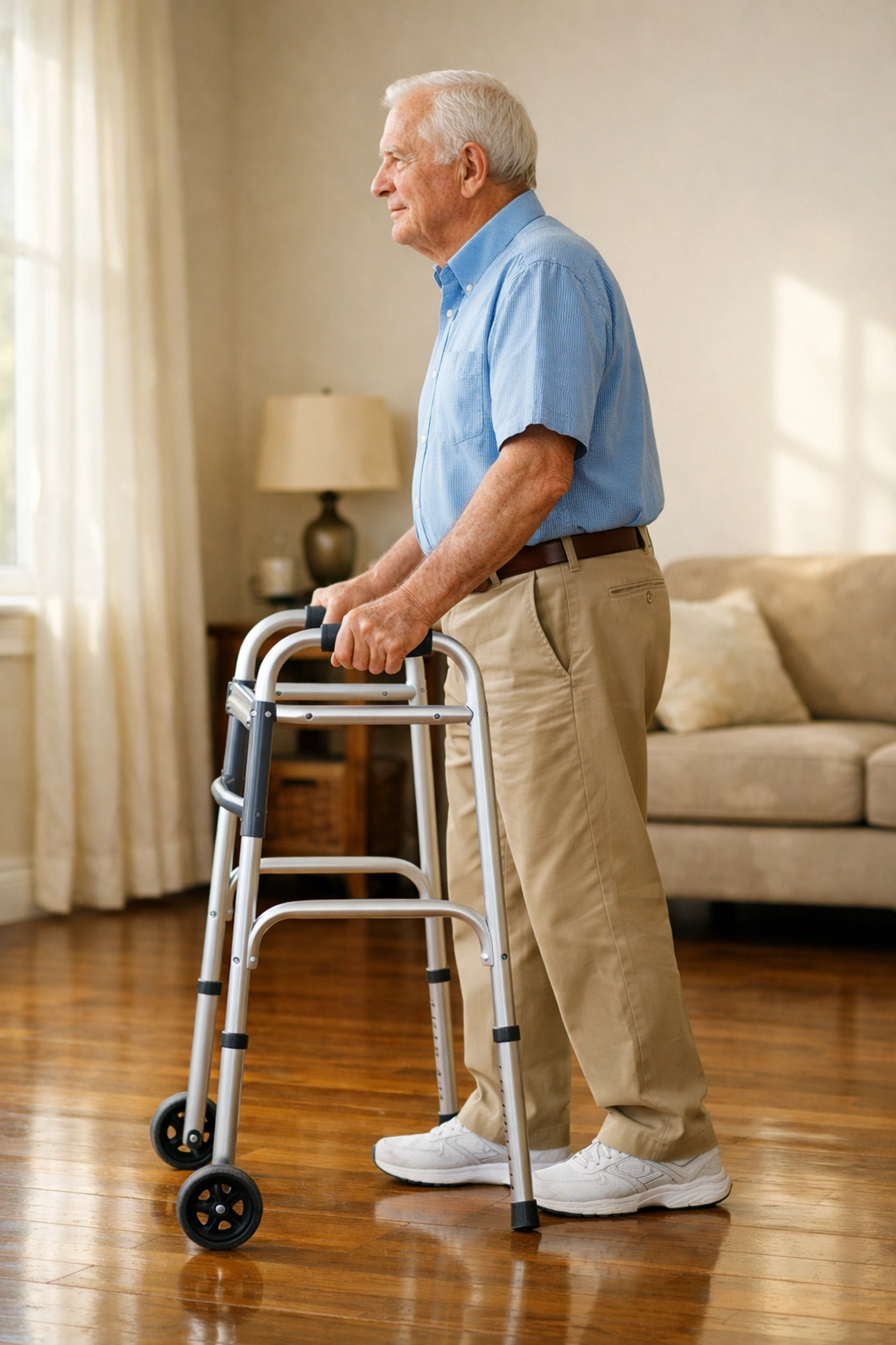 Senior man showing proper walker posture by standing safely behind the rear frame of the mobility aid.