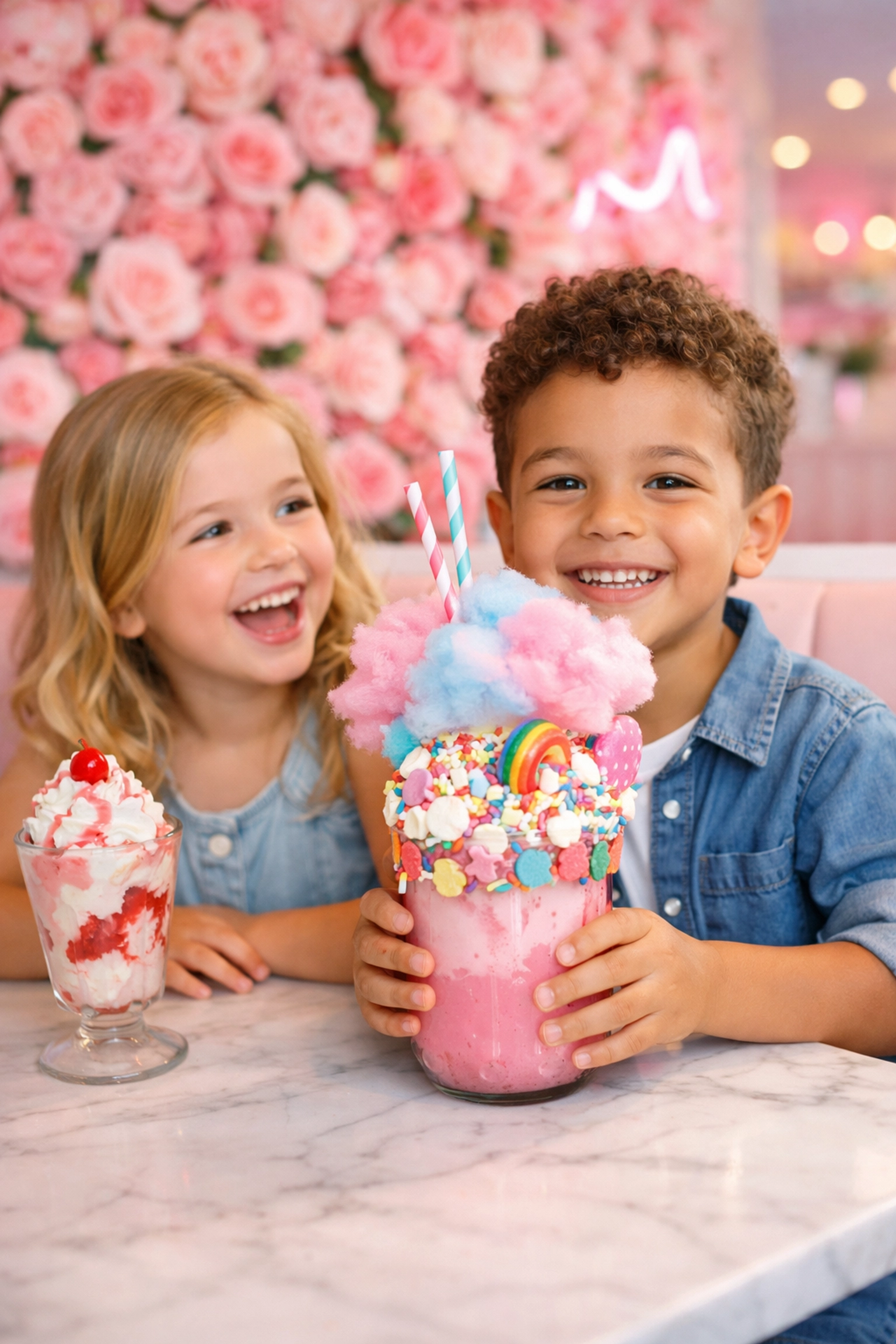 Kids enjoying colorful milkshakes at a themed cafe, an engaging and instagrammable family activity.