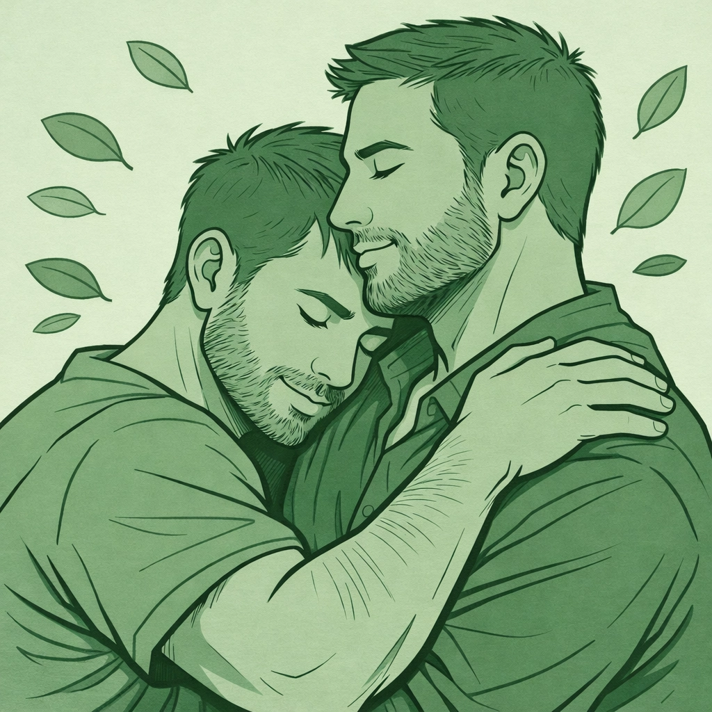 Emotional illustration of an MM couple in a supportive embrace, showcasing the depth of gay love stories.