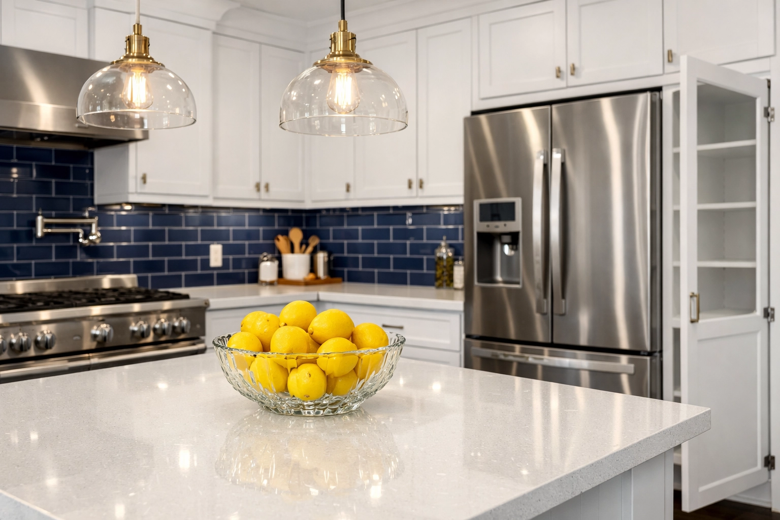 Sparkling clean kitchen with white cabinets and quartz counters after a professional move-in deep clean.