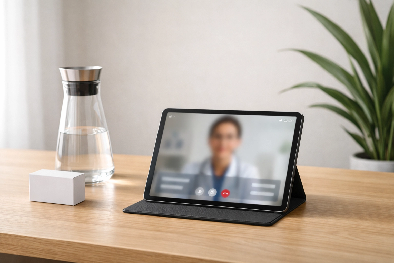 Online weight loss program interface on a tablet beside GLP-1 medication on a clean desk.