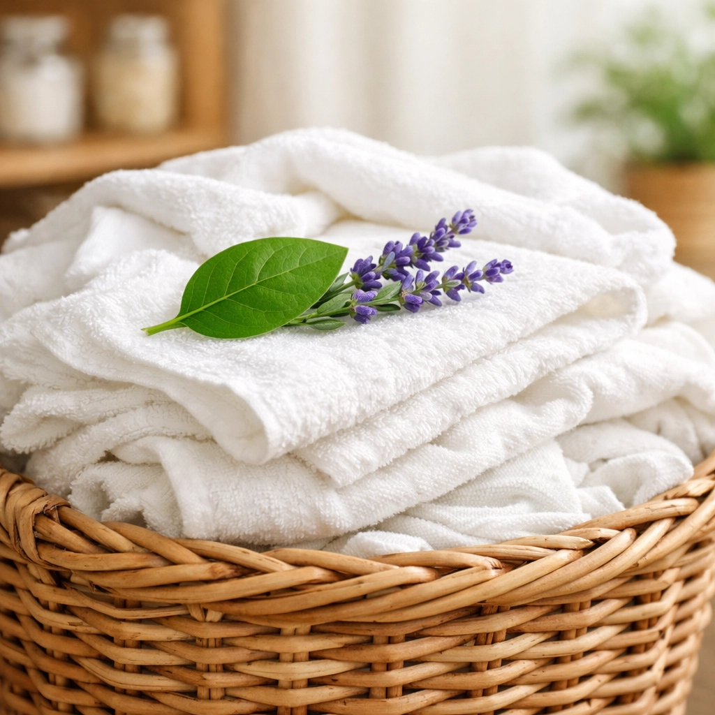 Wicker laundry basket with soft white towels and lavender, representing plant-based laundry care.