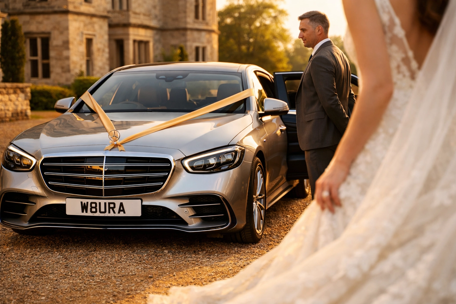 Silver Mercedes-Benz S-Class wedding car with gold ribbons and professional chauffeur for Lincoln weddings.