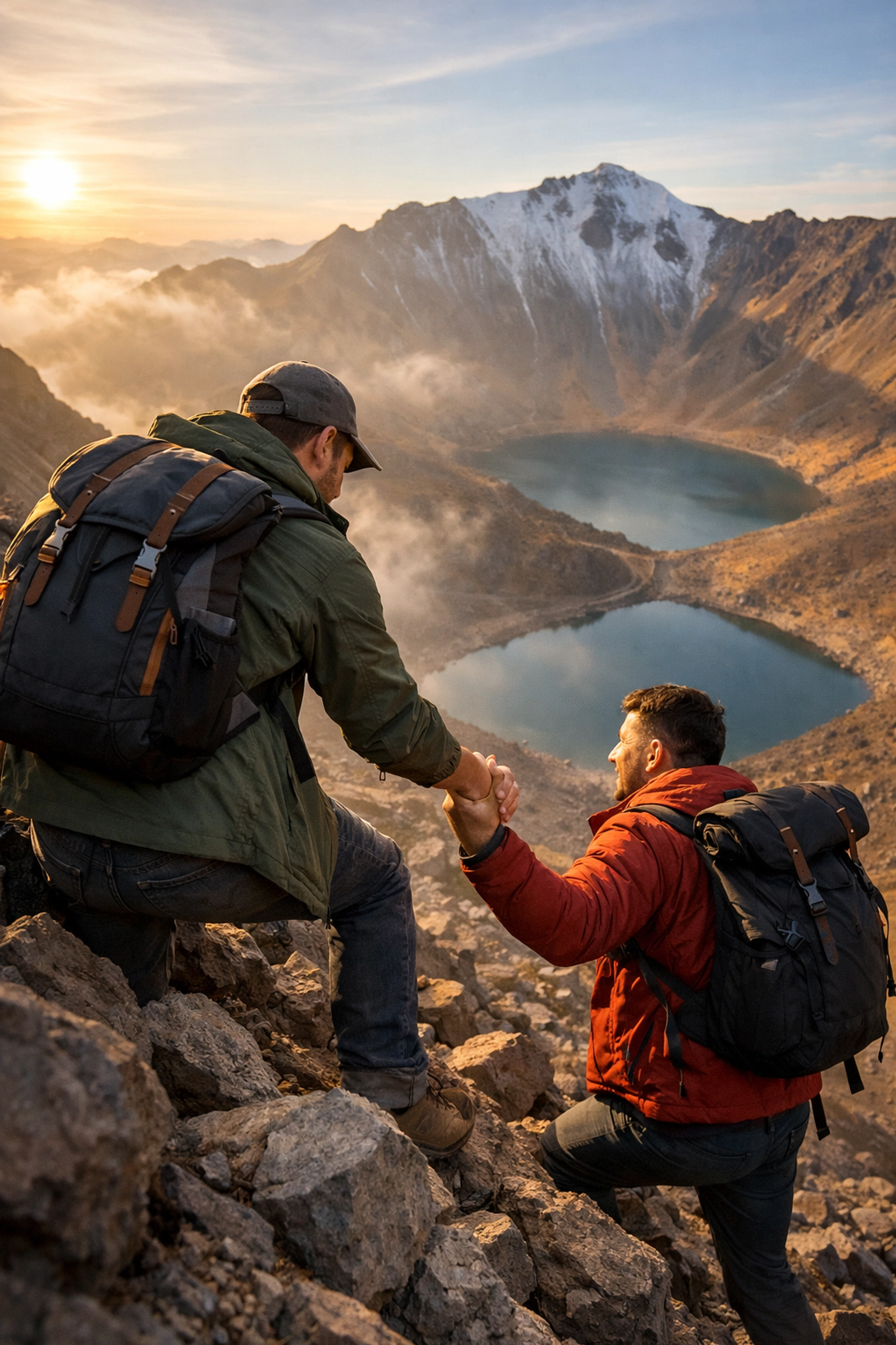 Gay couple hiking together at Nevado de Toluca volcano with crater lakes in background