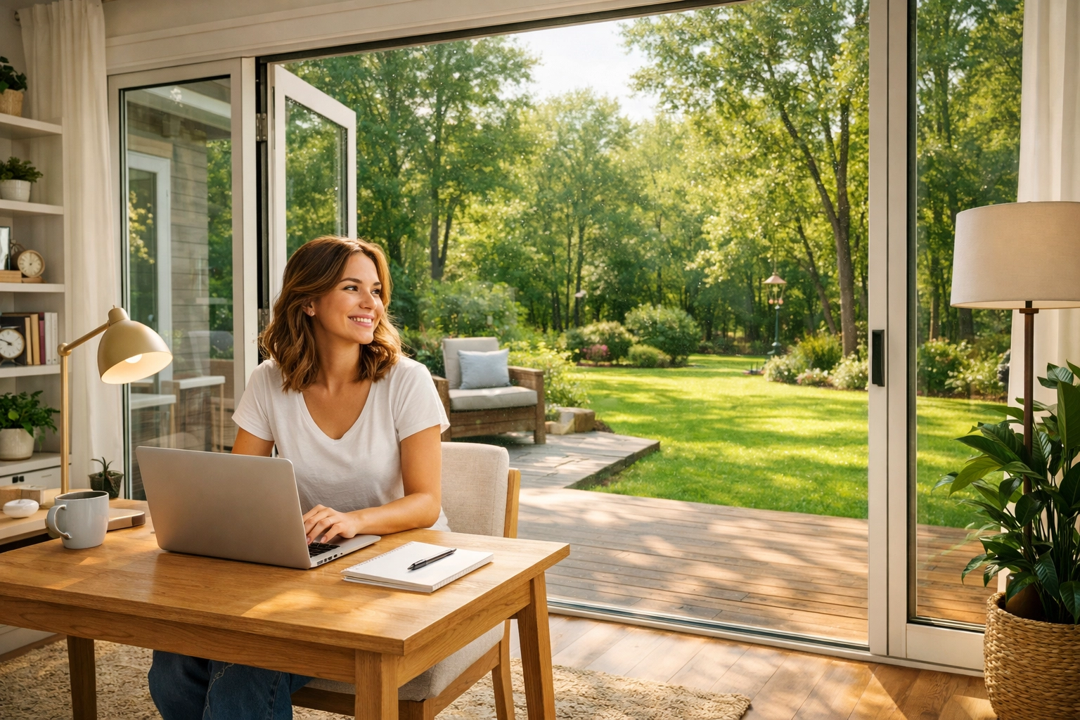 Millennial home buyer working in a modern Georgia home office with a view of a lush suburban backyard. Millennial home buyer working in a modern Georgia home office with a view of a lush suburban backyard.