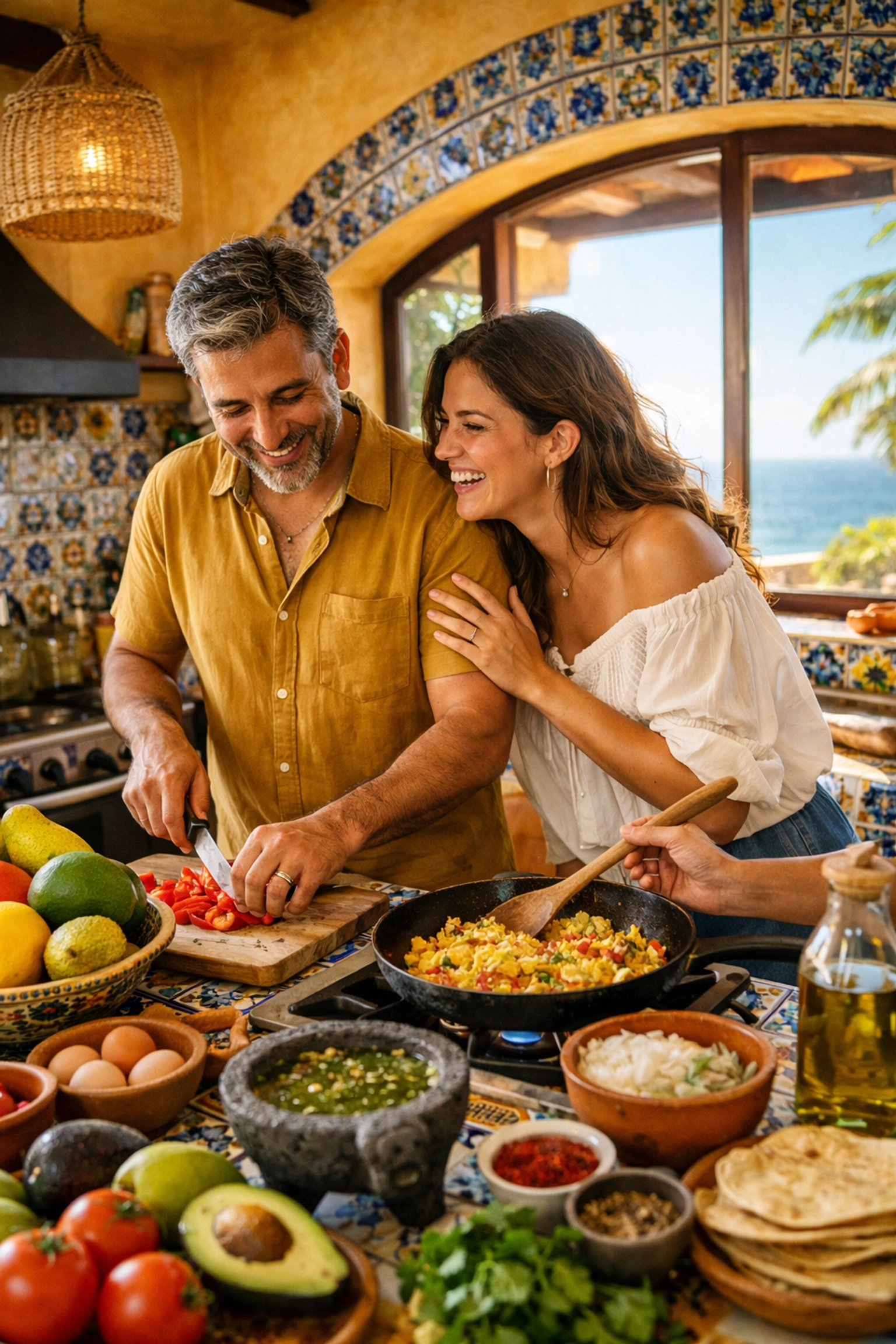Couple cooking together in Puerto Vallarta vacation rental kitchen with ocean views