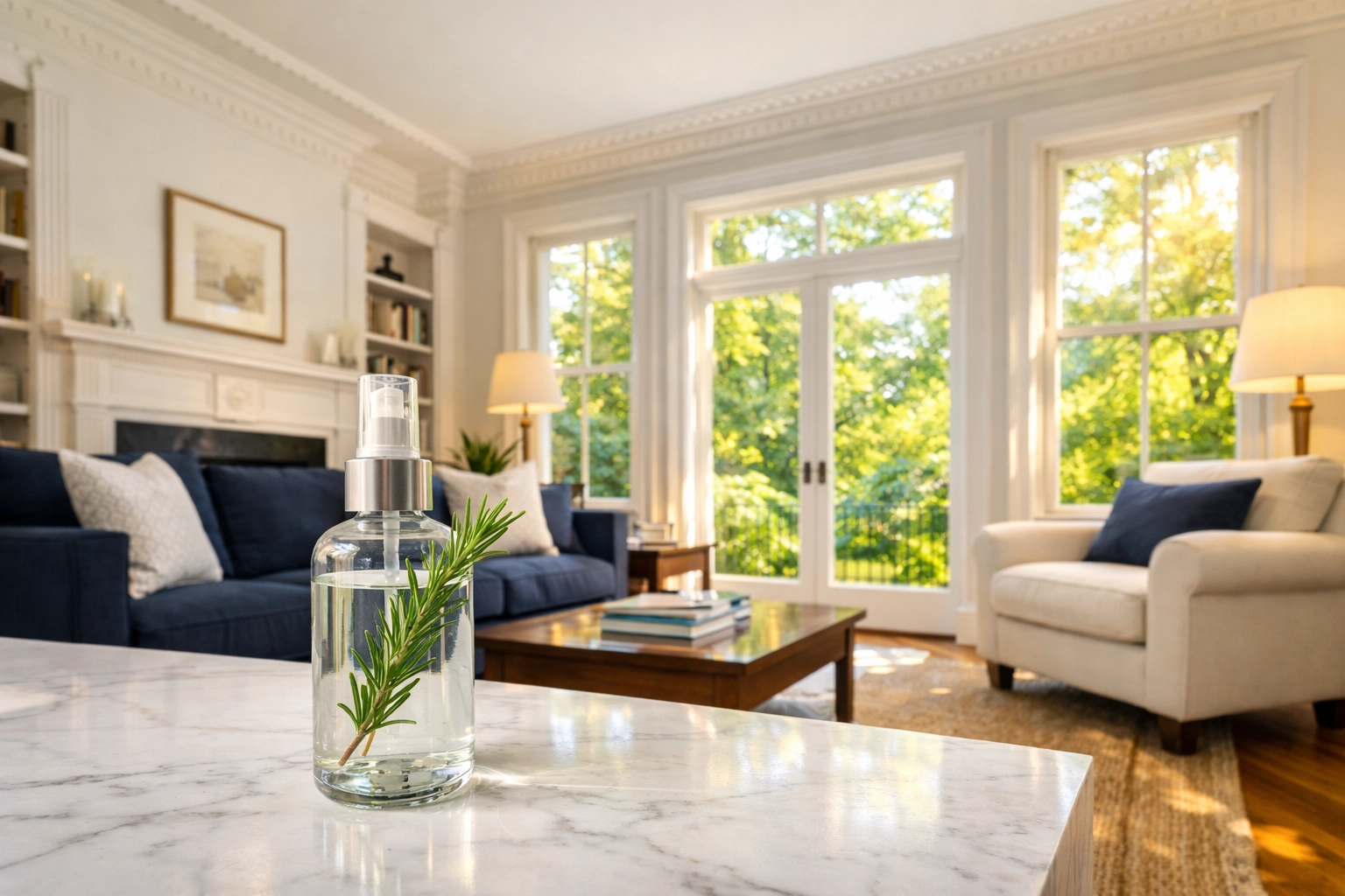 Eco-friendly house cleaning Cambridge MA using non-toxic supplies in a historic living room.