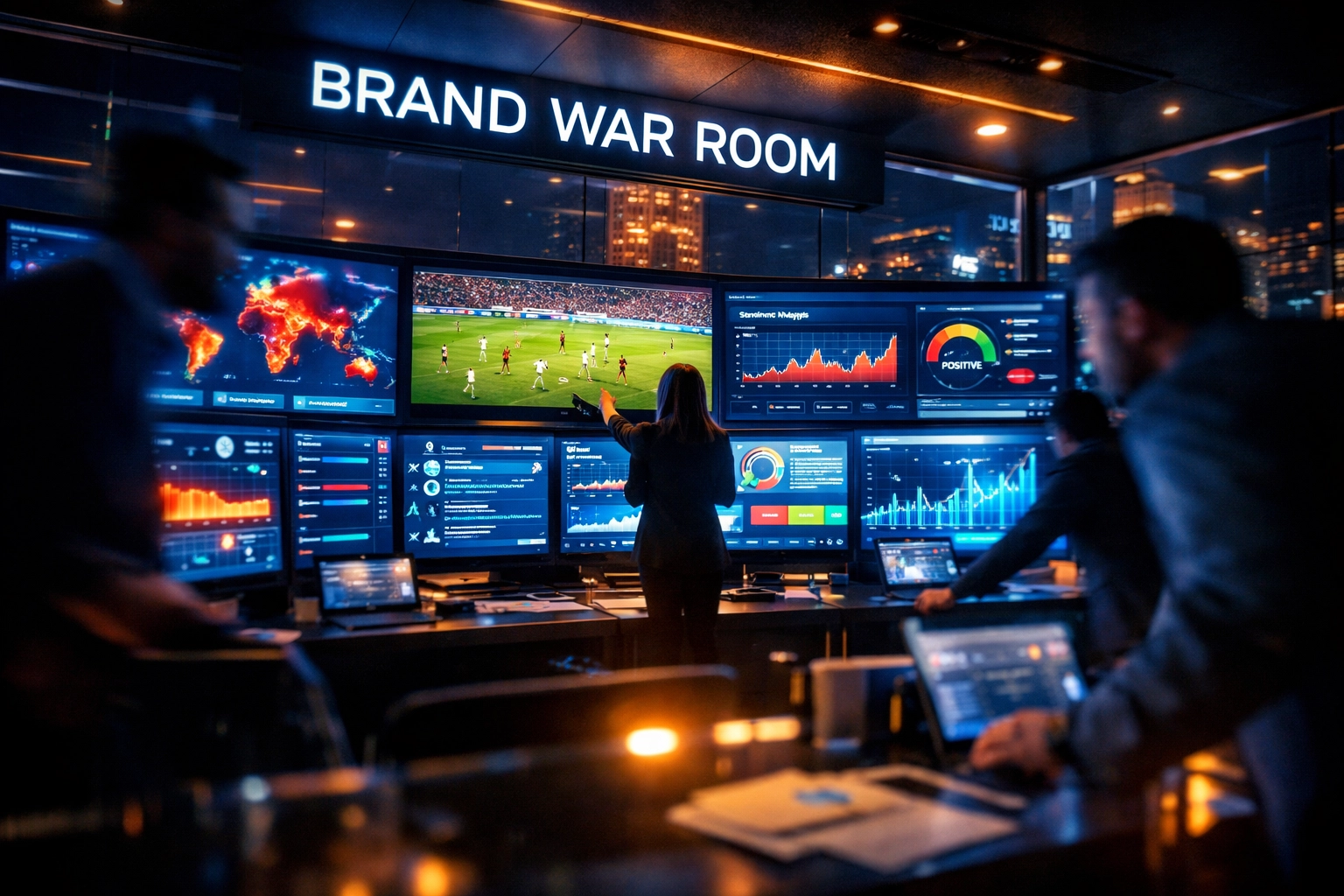Digital brand war room monitoring real-time marketing analytics and social engagement during the Big Game.