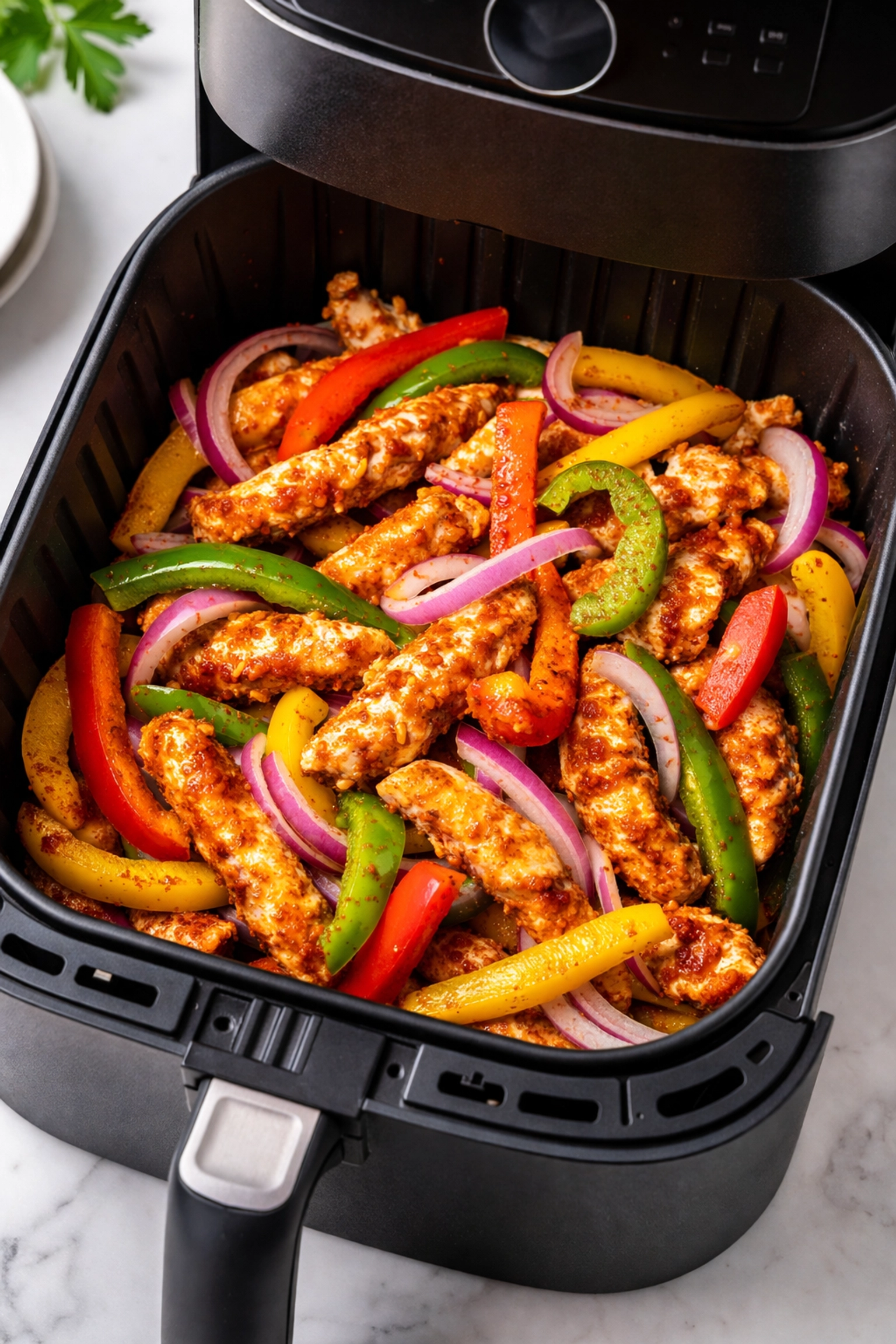 5-Ingredient Air Fryer Chicken Fajitas Fajitas in air fryer basket