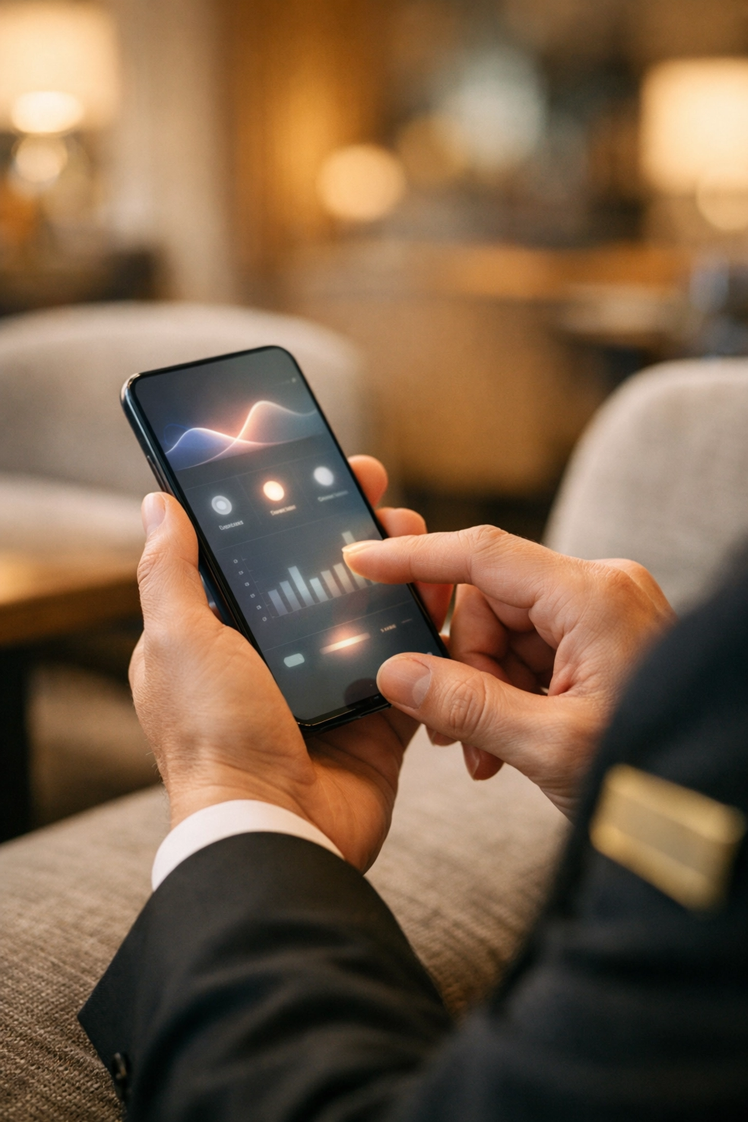 Hotel staff using a mobile hotel management app to streamline guest services in a modern lobby.